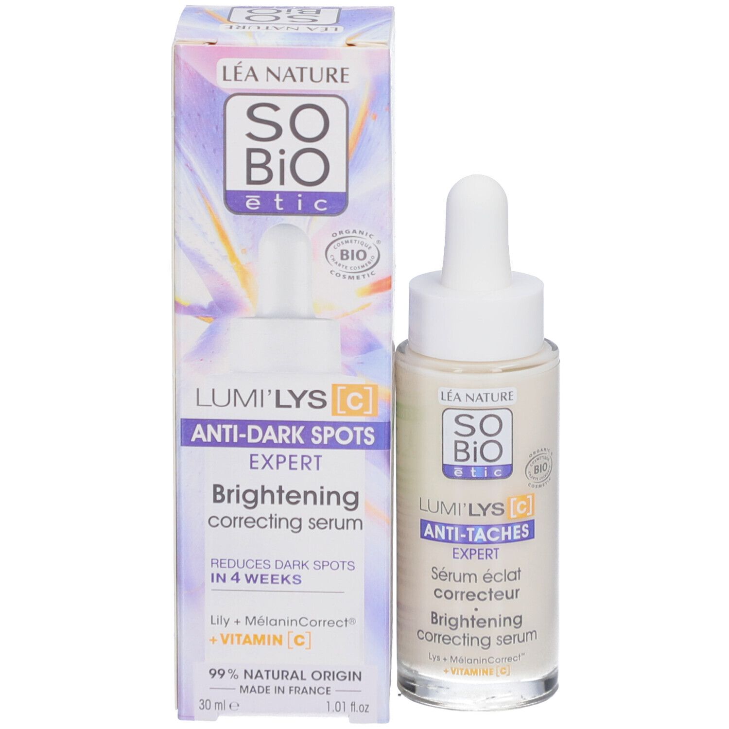 Sérum SO BIO ETIC Lumi'Lys et emballage. Flacon avec pipette et carton. Certification bio.