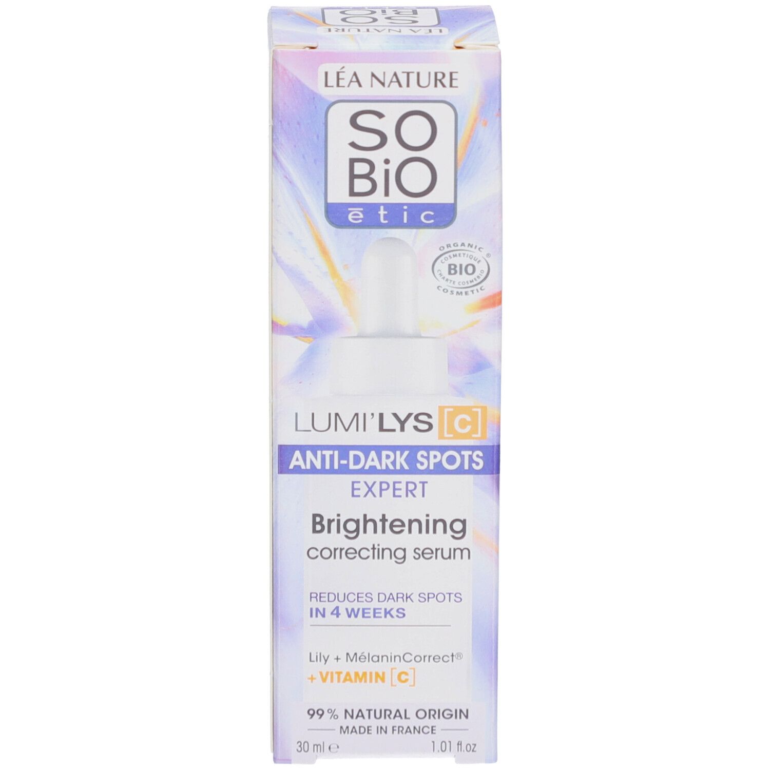 Sérum SO BIO ETIC Lumi'Lys et emballage. Carton avec produit. Certification bio.
