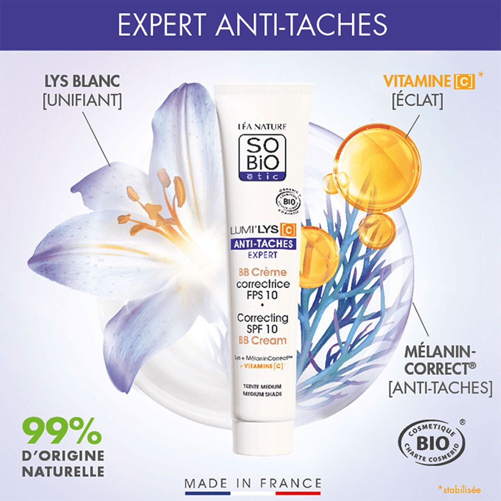 SO'BiO étic LUMI'LYS BB Crème, tube. Anti-taches, SPF 10. Avec Lys Blanc, Vitamine C, MélaninCorrect.