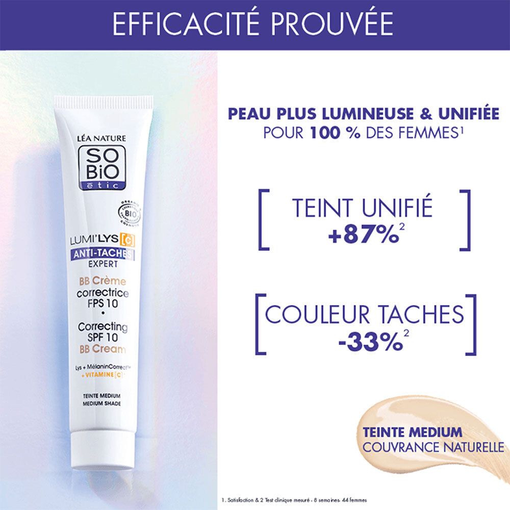 SO'BiO étic LUMI'LYS BB Crème, tube. Efficacité prouvée. Unifie le teint, réduit les taches.