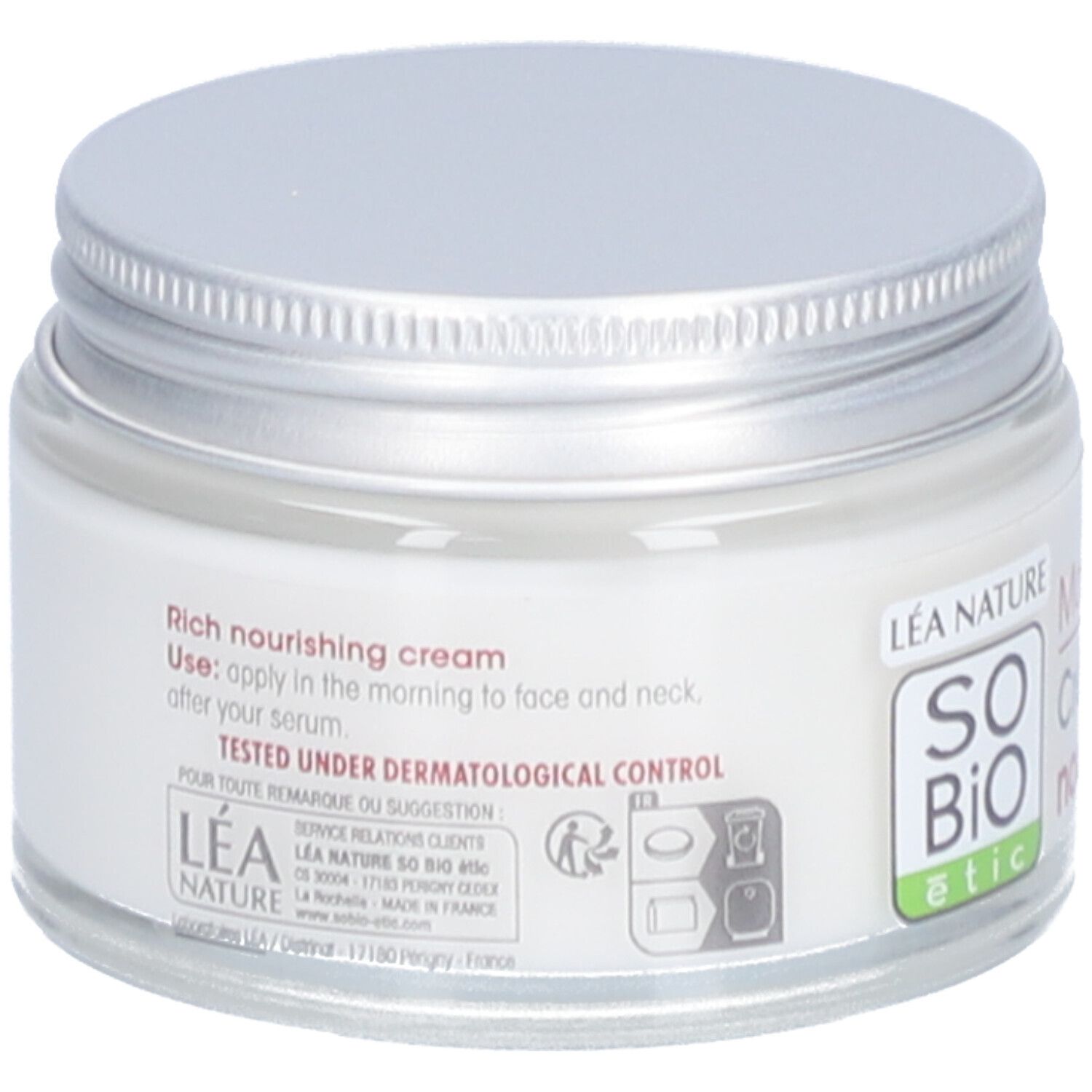 Pot de crème avec couvercle argenté. Inscription: SO BIO etic, Rich nourishing cream. Testé sous contrôle dermatologique.
