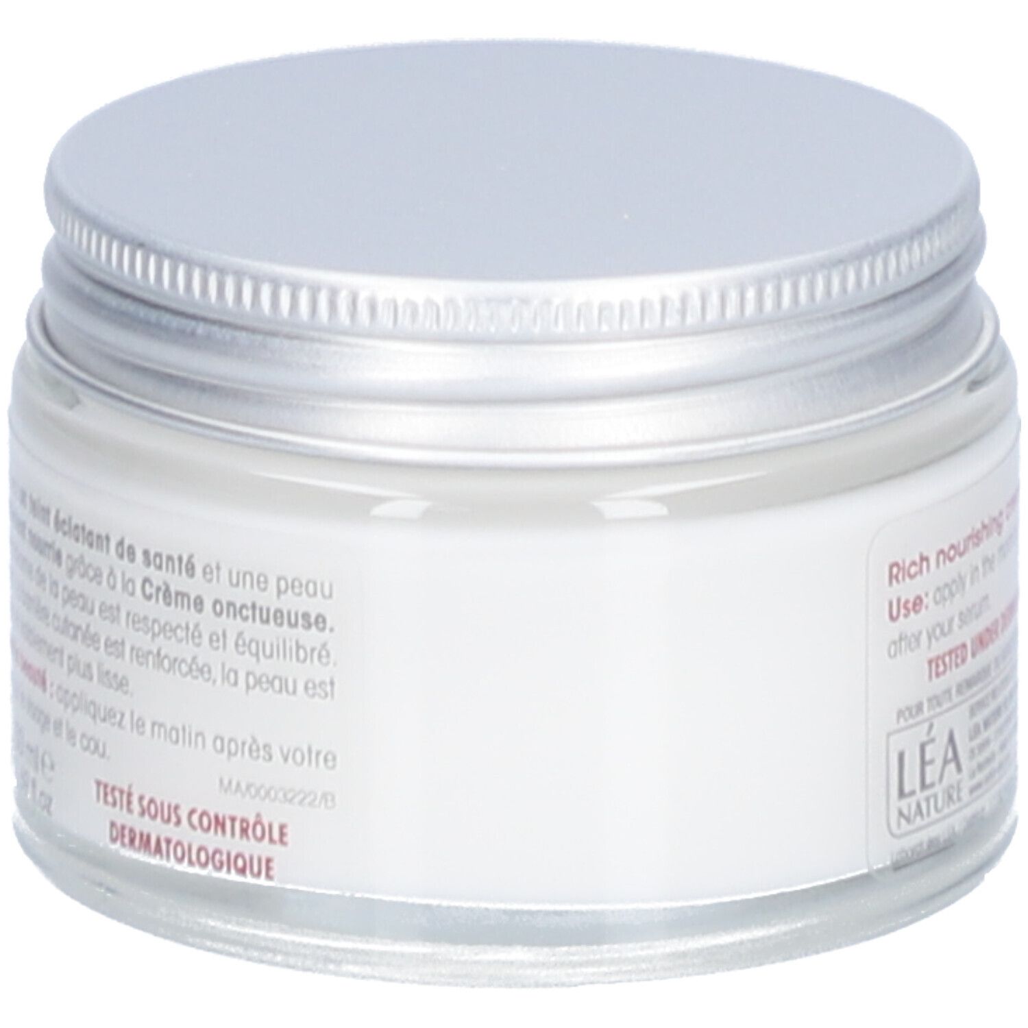 Pot de crème avec couvercle argenté. Inscription: Rich nourishing cream. Testé sous contrôle dermatologique. Lea Nature.