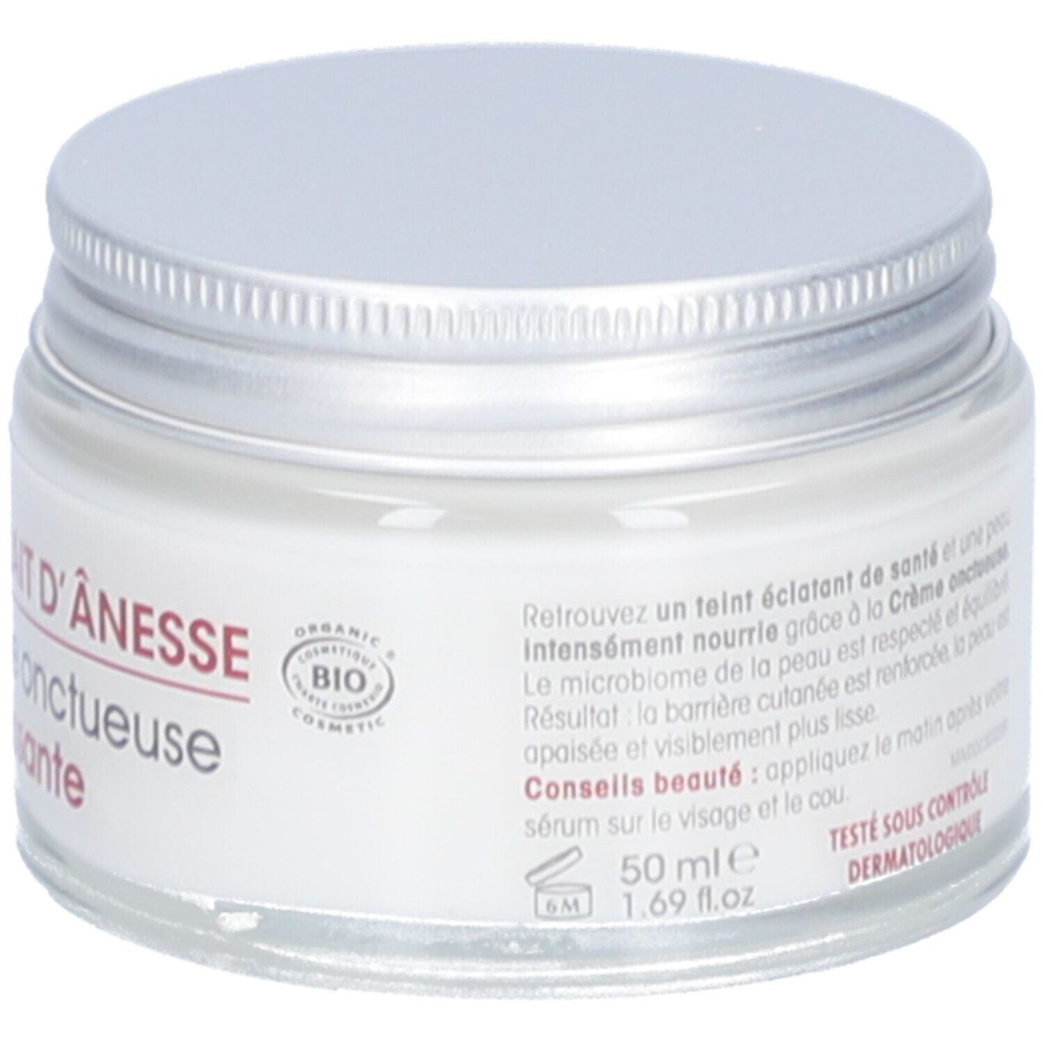 Pot de crème avec couvercle argenté. Inscription: Mon Lait d'Ânesse Crème onctueuse nourrissante. Certification bio. 50 ml.