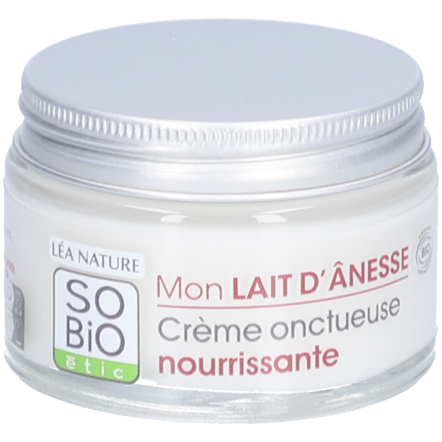 Pot de crème avec couvercle argenté. Inscription: Mon Lait d'Ânesse Crème onctueuse nourrissante. SO BIO etic. Lea Nature.