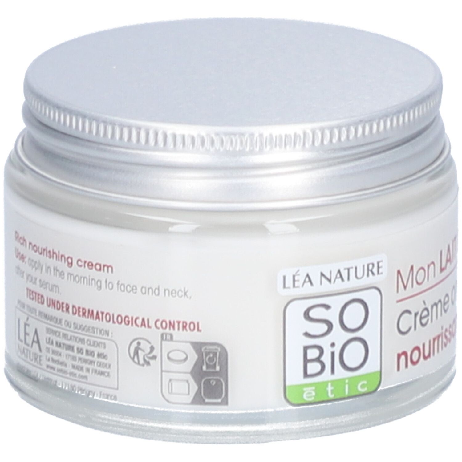 Pot de crème avec couvercle argenté. Inscription: Mon Lait Crème nourrissante. SO BIO etic. Testé sous contrôle dermatologique.