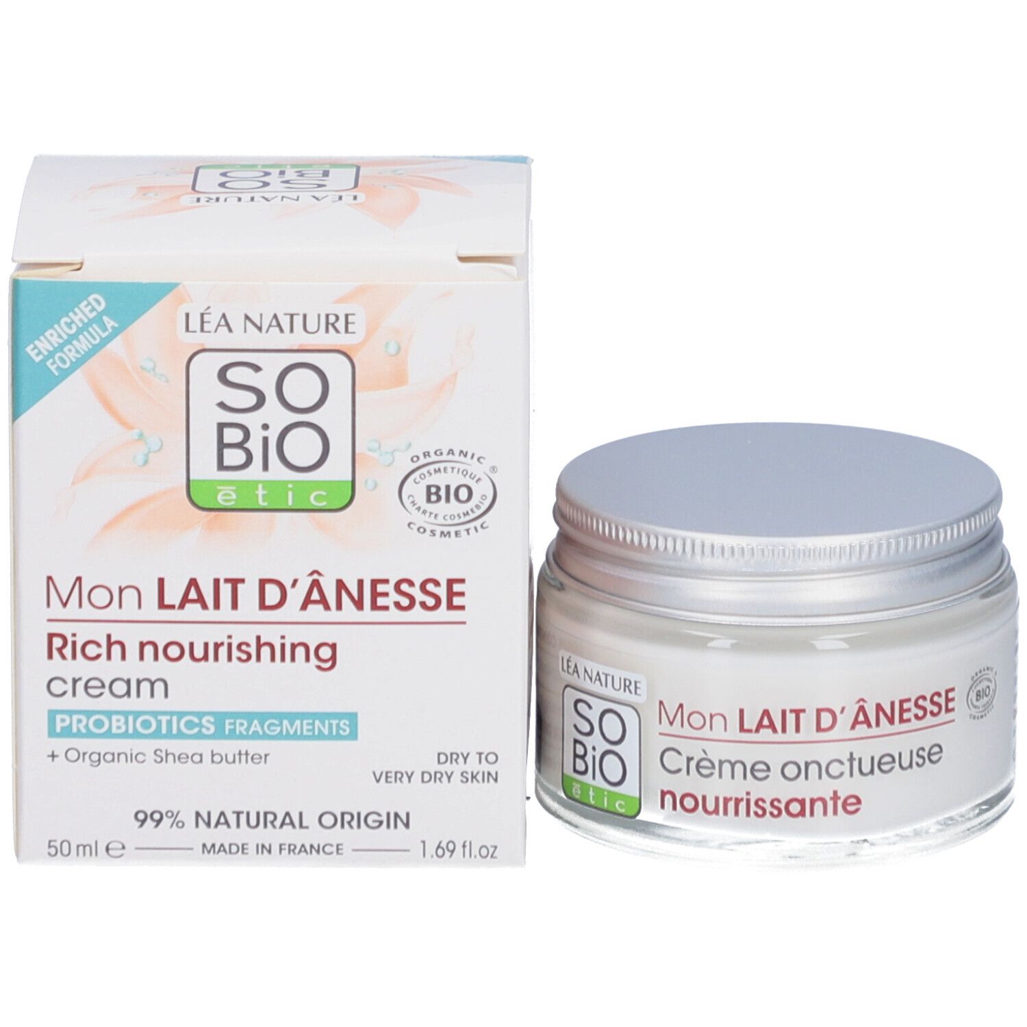 Pot de crème et carton. Inscription: Mon Lait d'Ânesse Rich nourishing cream. SO BIO etic. 50 ml. 99% d'origine naturelle.