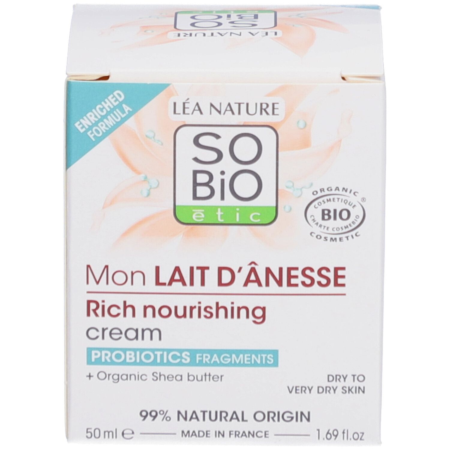 Boîte. Inscription: Mon Lait d'Ânesse Rich nourishing cream. SO BIO etic. 50 ml. 99% d'origine naturelle. Certification bio.
