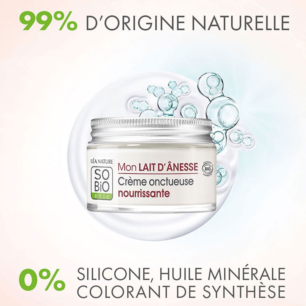 Pot de crème avec couvercle argenté. Texte: 99% d'origine naturelle. 0% silicone, huile minérale, colorant.