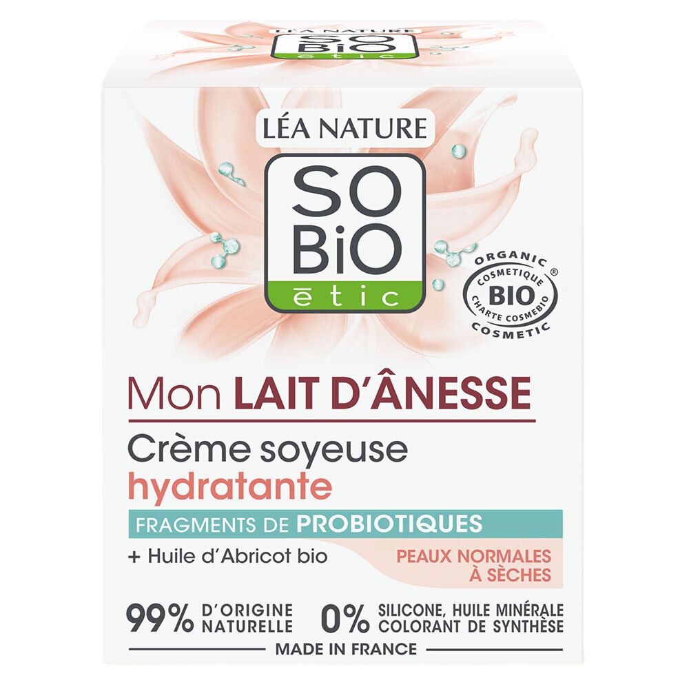 Emballage avec inscription: SO BIO etic, Mon Lait d'Ânesse, Crème soyeuse hydratante. Avec certification bio.