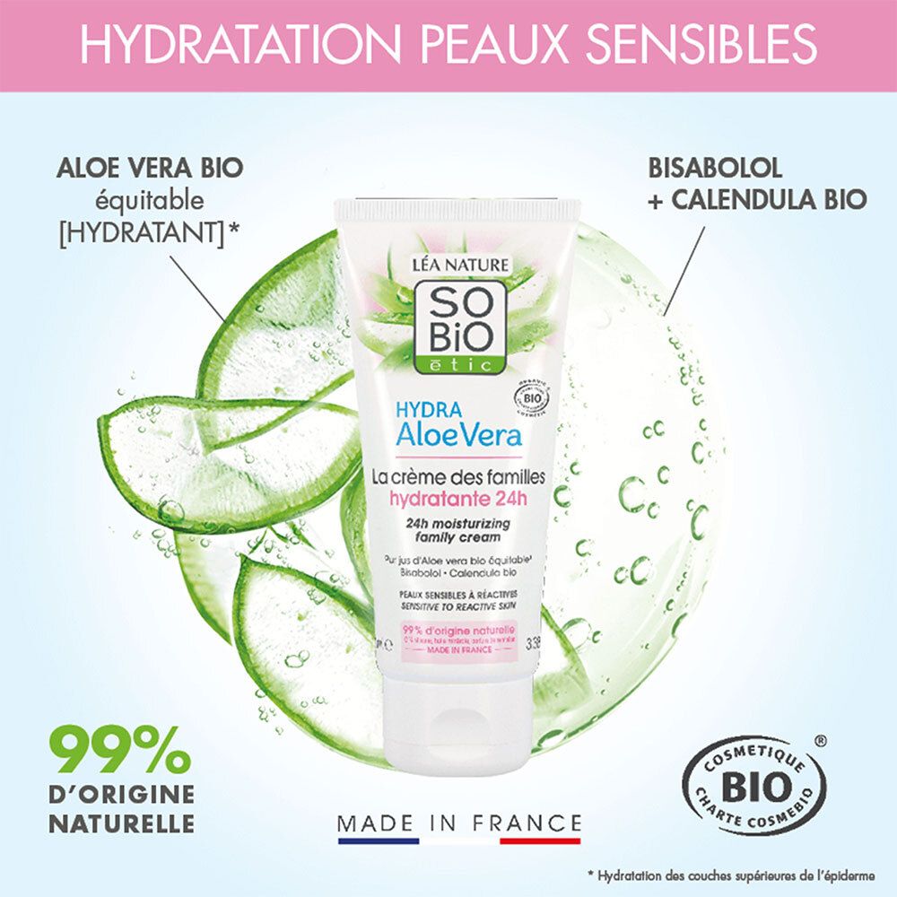 Tube de produit avec feuilles d'aloe vera et texte. Texte : Hydra Aloe Vera, La crème des familles hydratante 24h. Label bio.