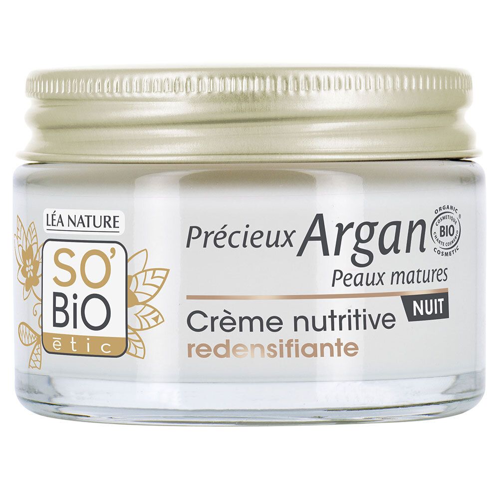 Pot de crème avec couvercle doré. Inscription: Précieux Argan, Crème nutritive redensifiante, NUIT. Label bio.