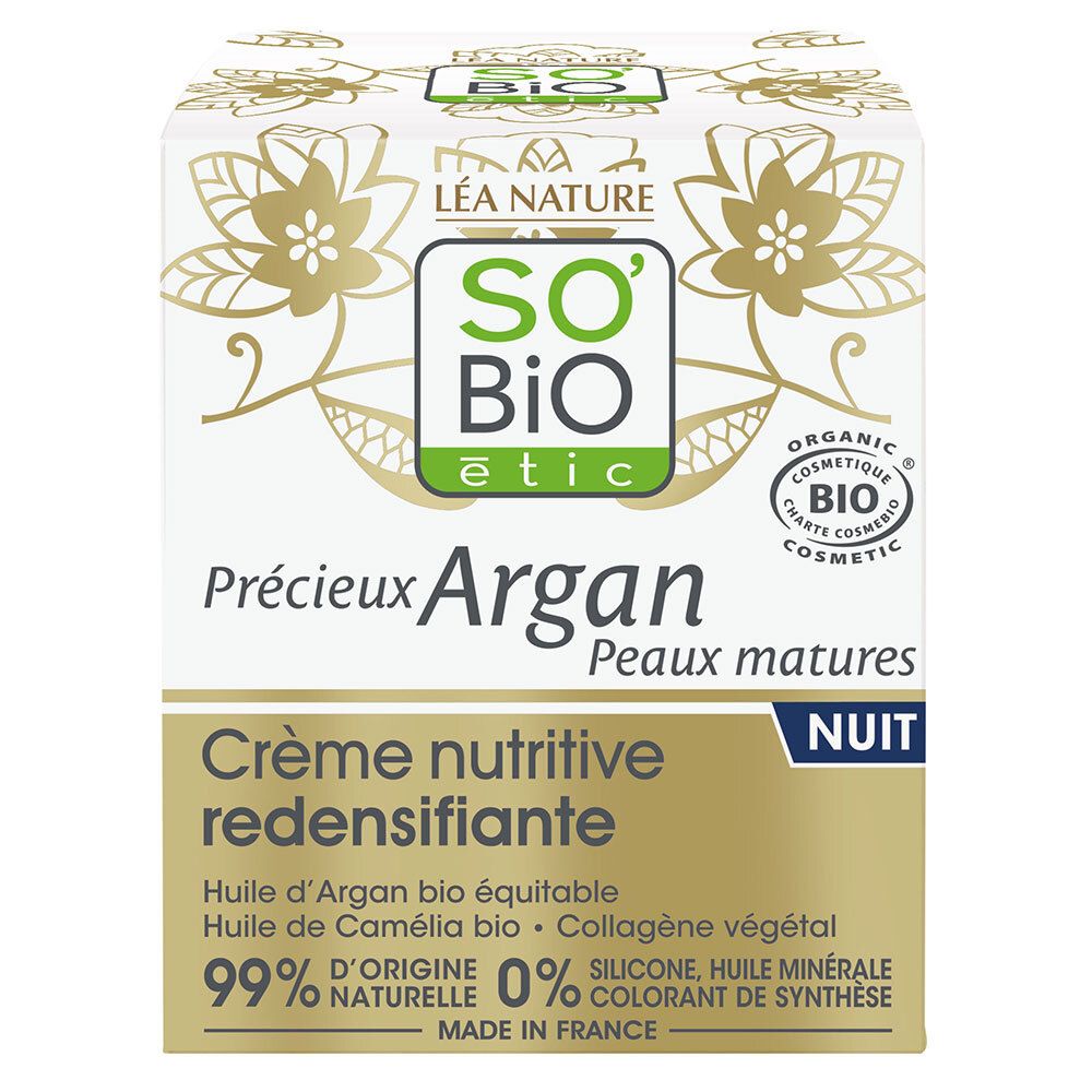 Emballage carton avec informations produit. Inscription: Précieux Argan, Crème nutritive redensifiante, NUIT. Label bio.