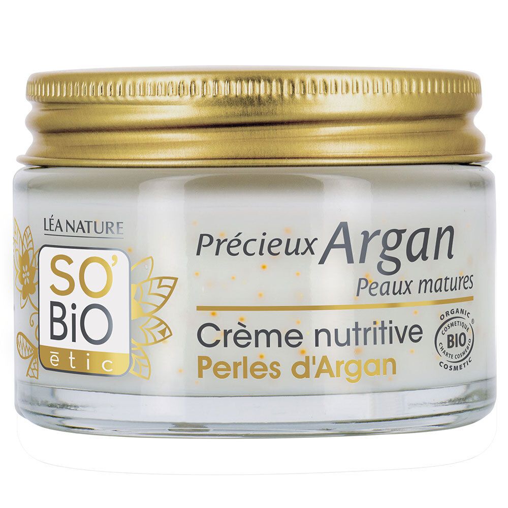 Pot de crème avec couvercle doré. Inscription: SO'BiO étic, Précieux Argan, Crème nutritive Perles d'Argan. Certification bio.
