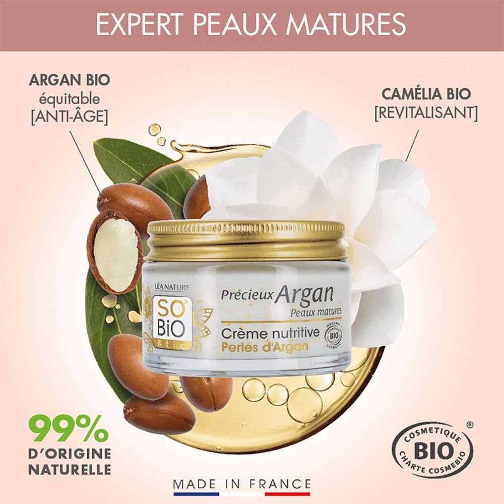 Pot de crème avec fruits d'argan et fleur. Inscription: SO'BiO étic, Précieux Argan, Crème nutritive Perles d'Argan. Certification bio.