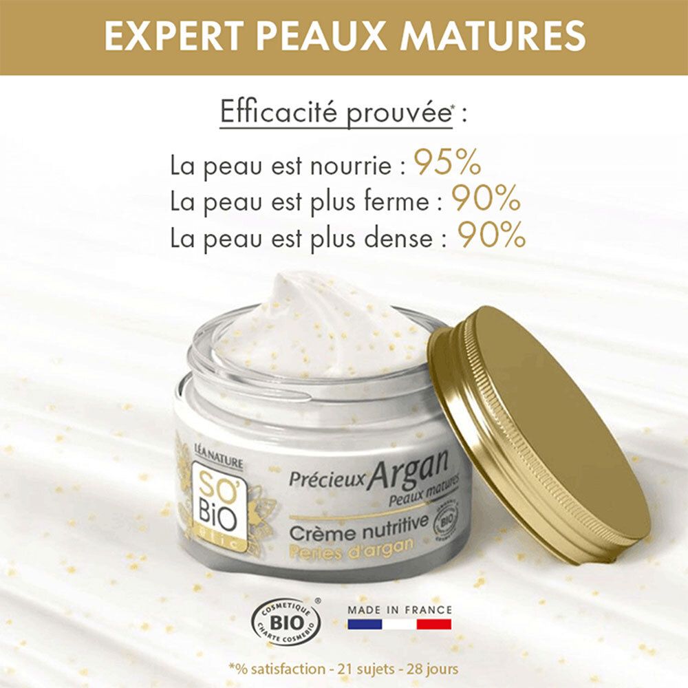 Pot de crème avec couvercle ouvert. Inscription: SO'BiO étic, Précieux Argan, Crème nutritive Perles d'Argan. Certification bio. Fabriqué en France.