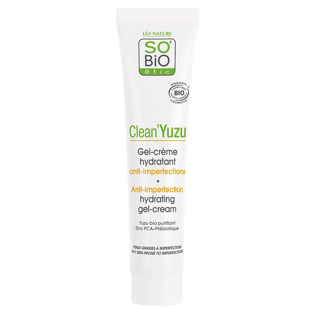 Tube blanc avec impression verte et jaune. Texte: Clean'Yuzu Gel-Crème hydratant anti-imperfections. Certification bio.