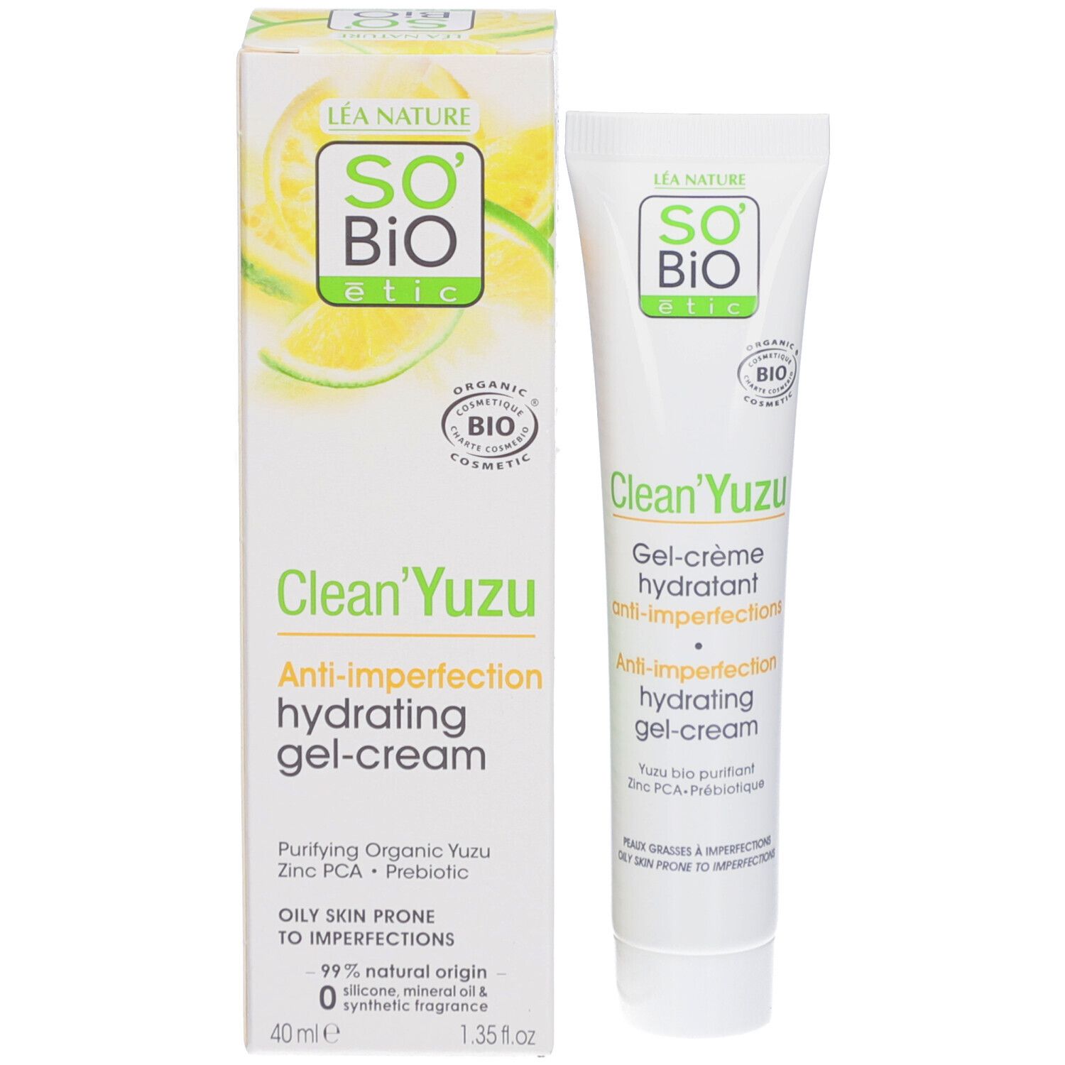 Emballage et tube. SO BIO ETIC Clean'Yuzu Gel-Crème. Anti-imperfections. 40 ml. Certification bio.