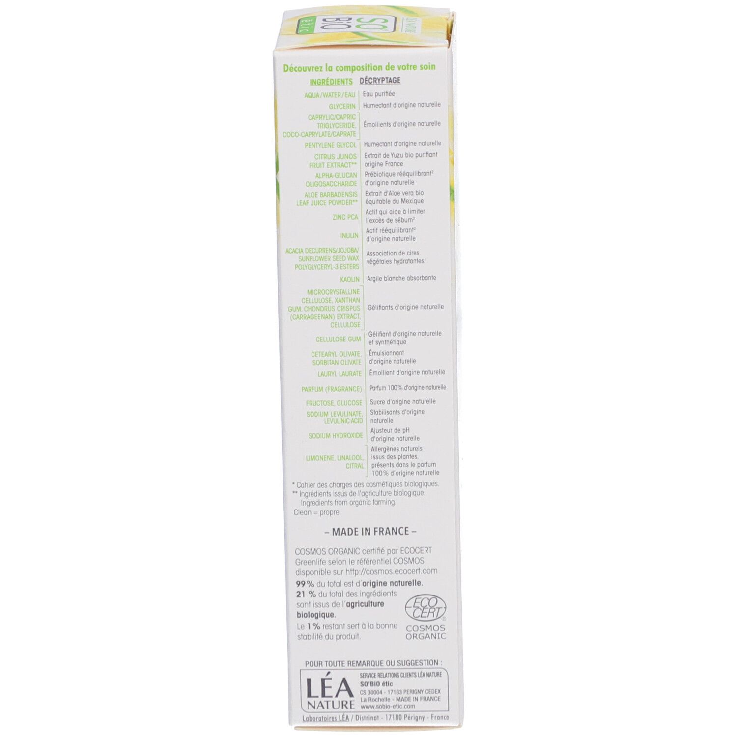 Emballage carton, vue latérale. Texte: ingrédients, certifications, informations fabricant. Certification bio.