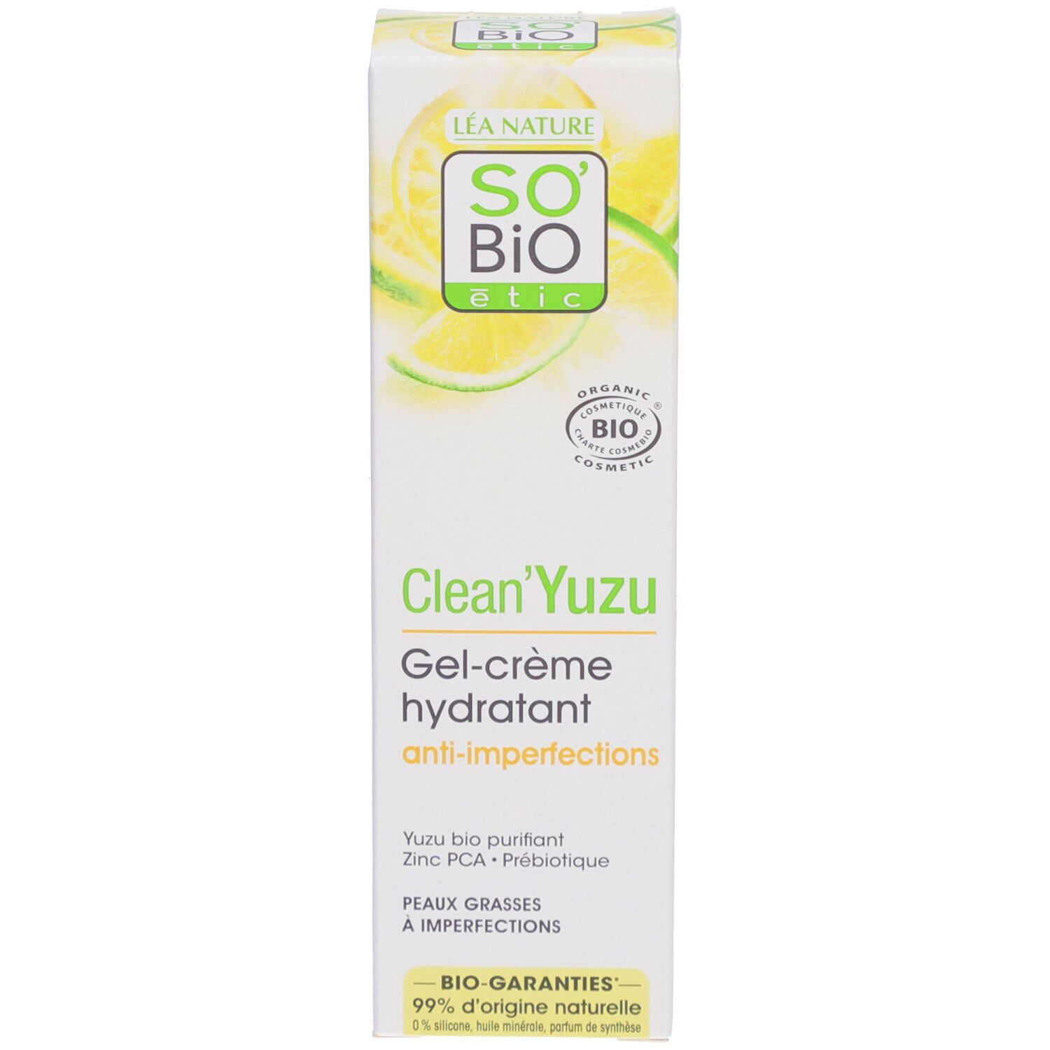 Emballage produit. SO BIO ETIC Clean'Yuzu Gel-Crème. Anti-imperfections. 40 ml. Certification bio.