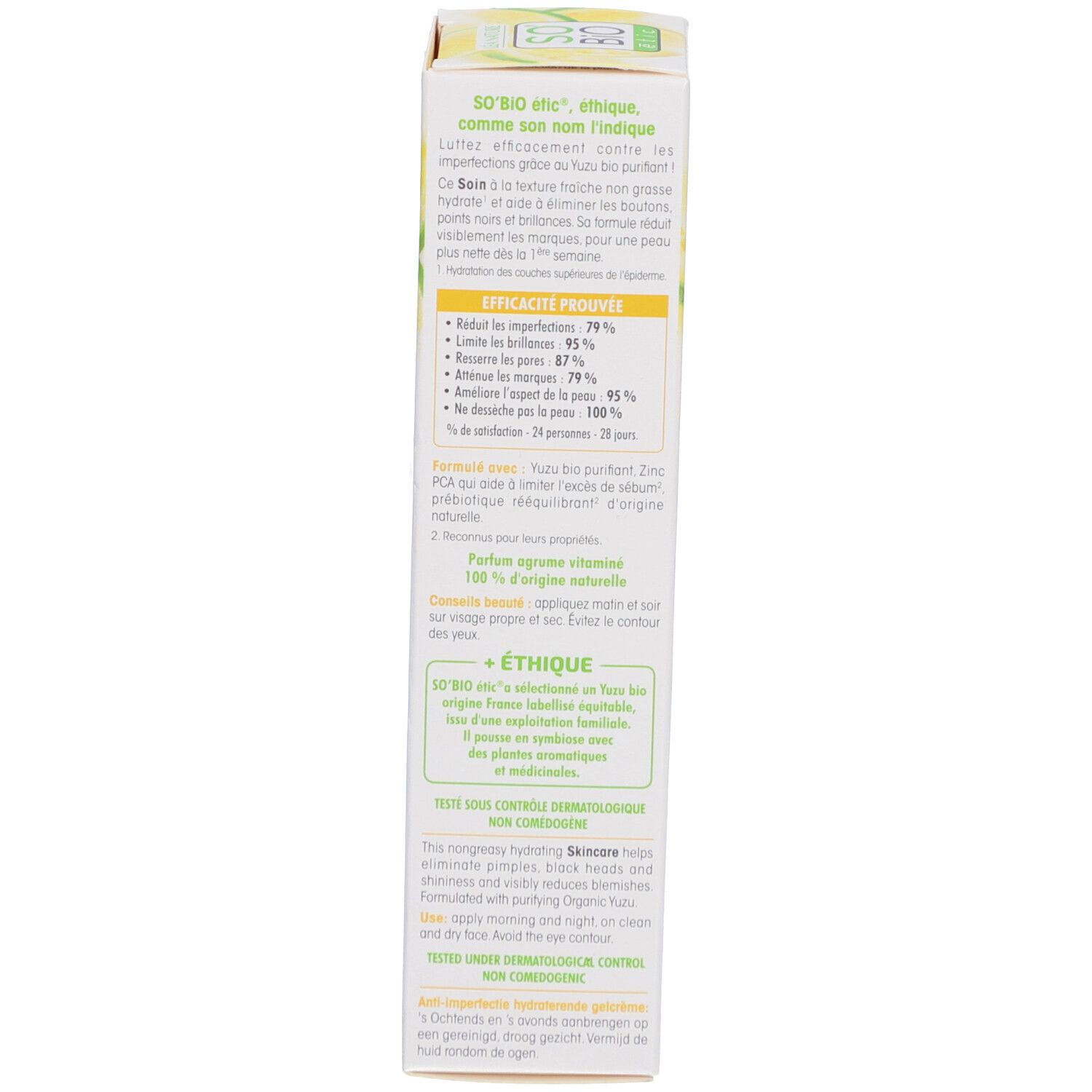 Dos de l'emballage. SO BIO ETIC. Texte: Efficacité, ingrédients, éthique, contrôle dermatologique.