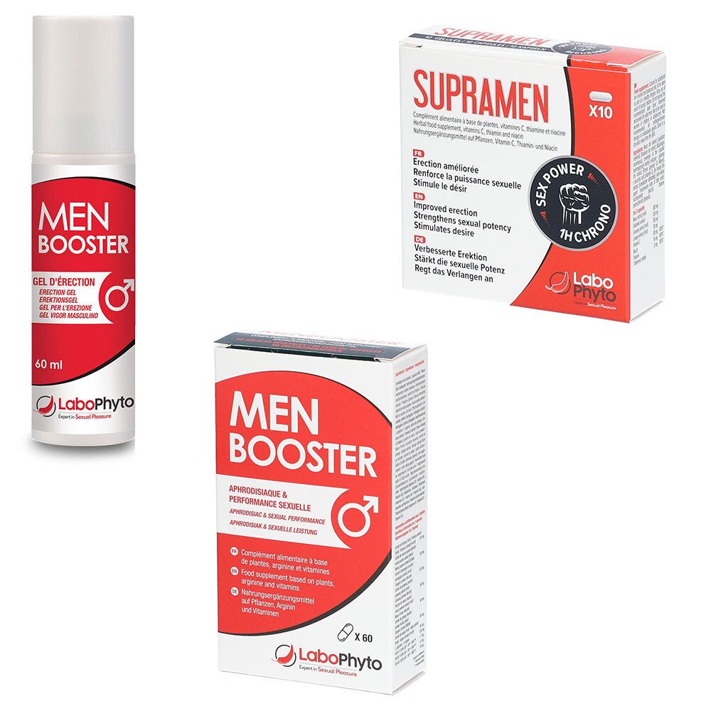Trois produits. Gel Men Booster, flacon blanc et rouge. Boîte Men Booster et boîte Supramen, avec logo Labophyto.