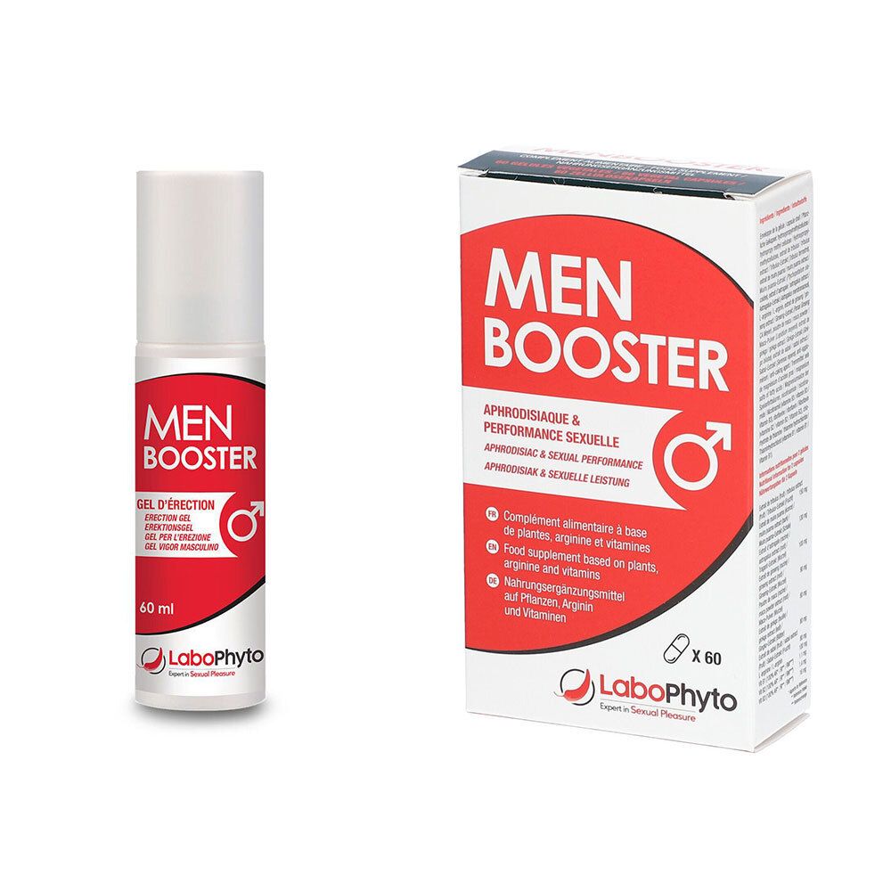 Flacon de gel et boîte de gélules. Inscription: MEN BOOSTER. Contient 60 gélules. Marque: LaboPhyto. Flacon de gel de 60 ml. Aphrodisiaque & performance sexuelle.