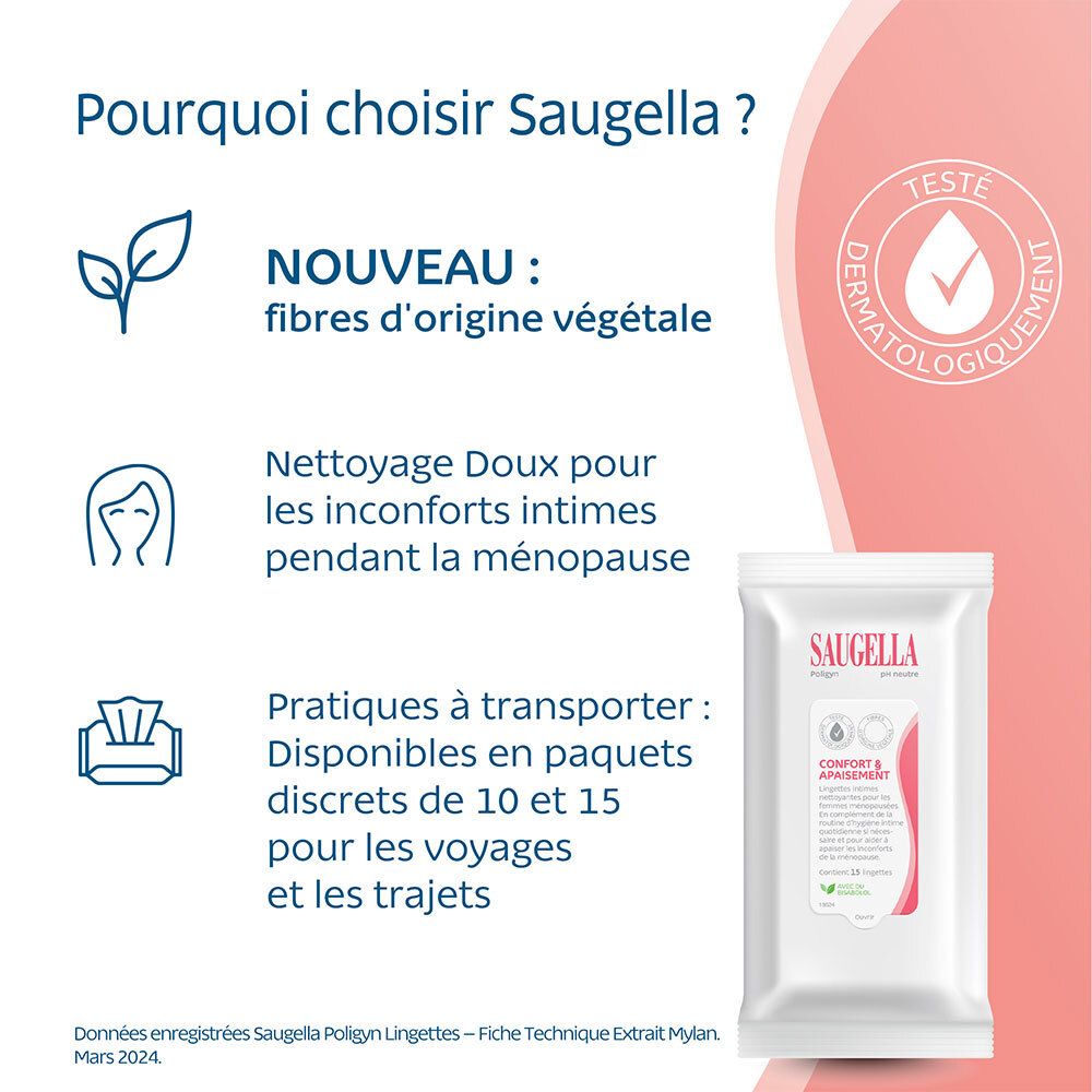 Paquet Saugella et texte. Avantages: fibres végétales, nettoyage doux, emballage discret.