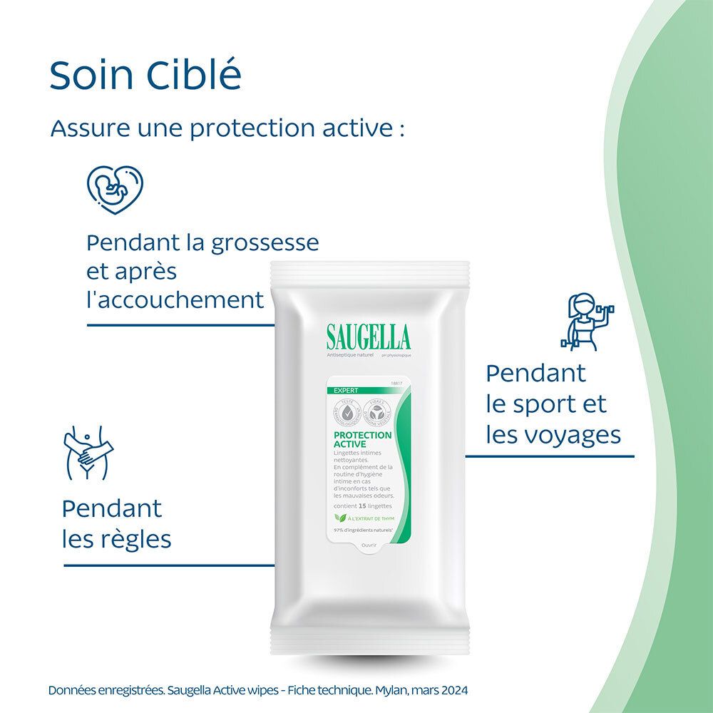 Saugella - Antiseptique Naturel - Lingettes Intimes Nettoyantes - Lingettes Rafraîchissantes – Pack de 15 Lingettes