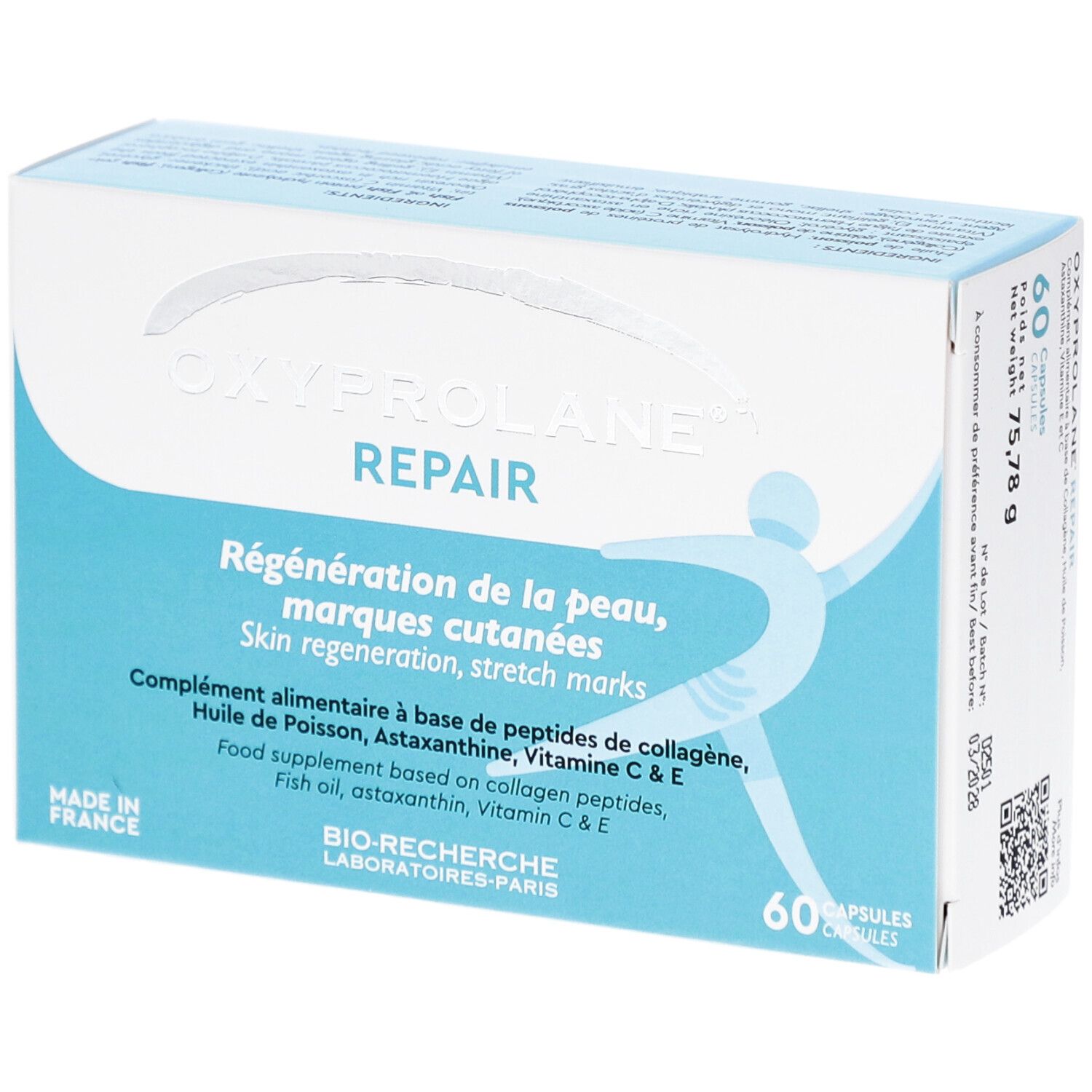 Boîte bleu clair OXYPROLANE REPAIR. Texte: Régénération de la peau, marques cutanées. Contient 60 gélules. Fabriqué en France.