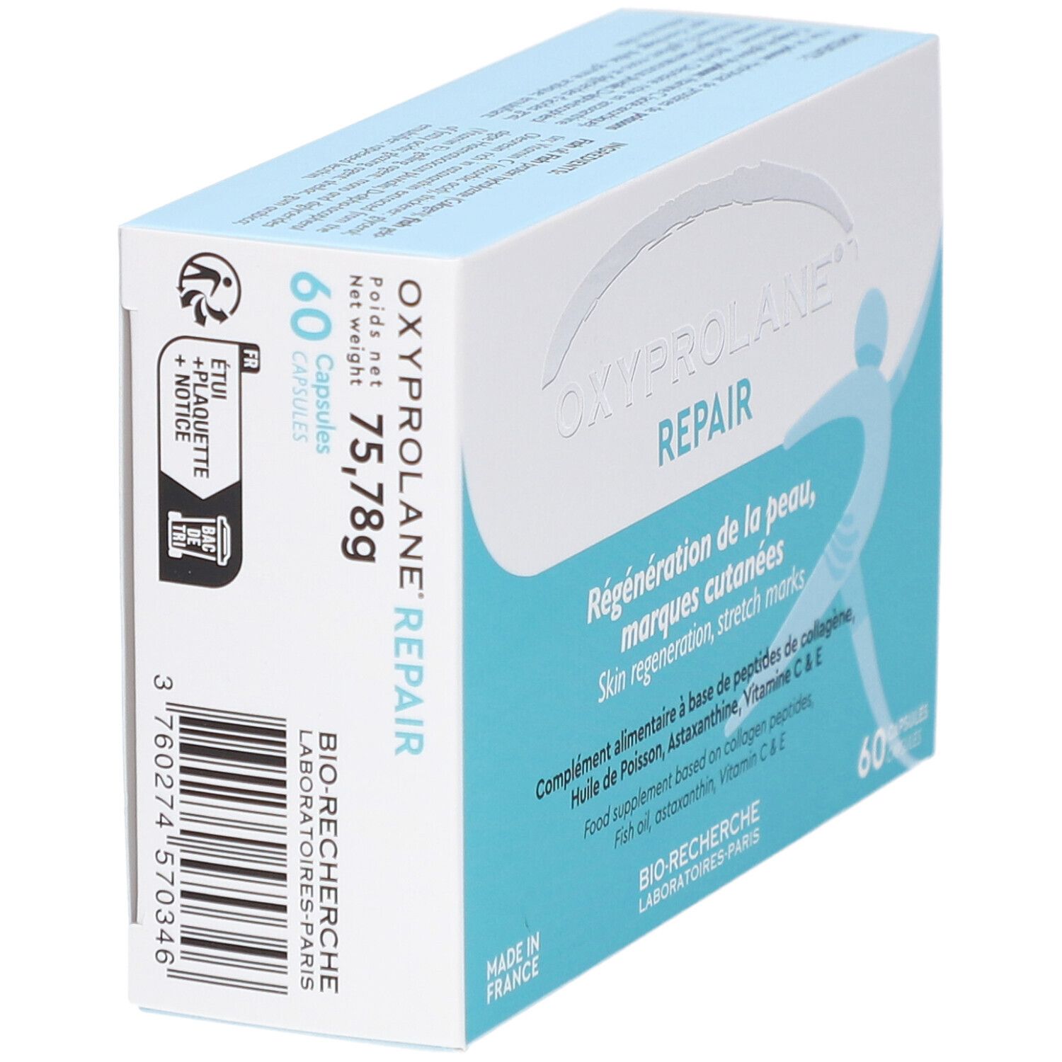 Boîte OXYPROLANE REPAIR, 60 gélules. Texte: Régénération de la peau, marques cutanées. Poids net: 75,78g. Bio-Recherche Paris.