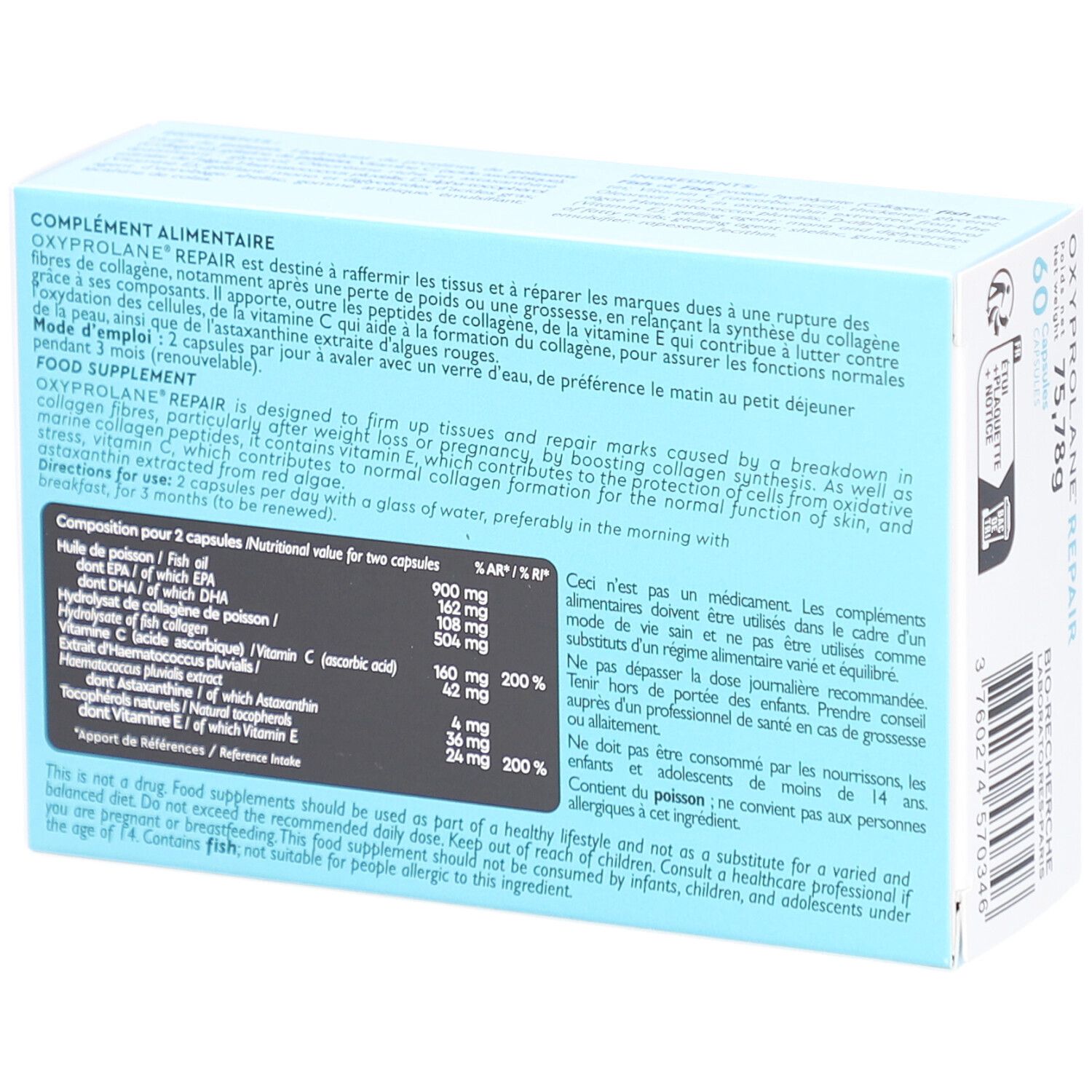 Dos de la boîte OXYPROLANE REPAIR. Texte: Complément alimentaire. Ingrédients et informations nutritionnelles. Bio-Recherche Paris.