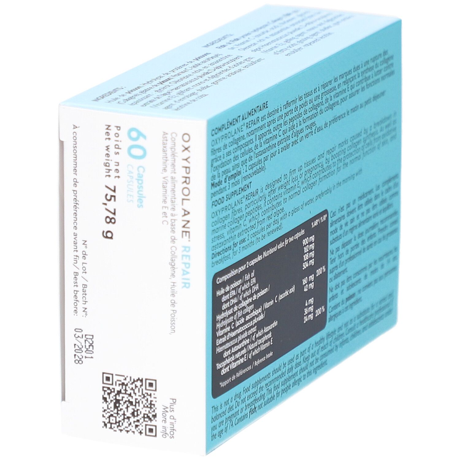 Boîte OXYPROLANE REPAIR, 60 gélules. Texte: Complément alimentaire. Ingrédients et informations nutritionnelles. À consommer de préférence avant 03/2028.