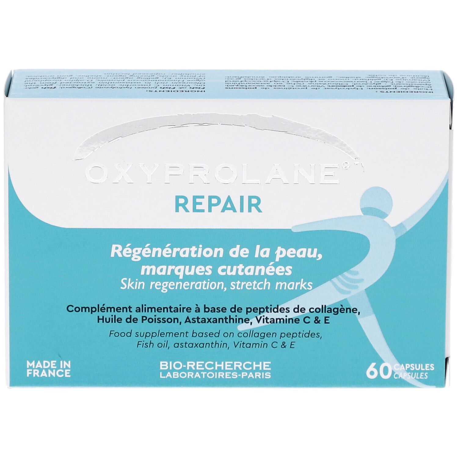 Boîte bleu clair OXYPROLANE REPAIR. Texte: Régénération de la peau, marques cutanées. Contient 60 gélules. Fabriqué en France.