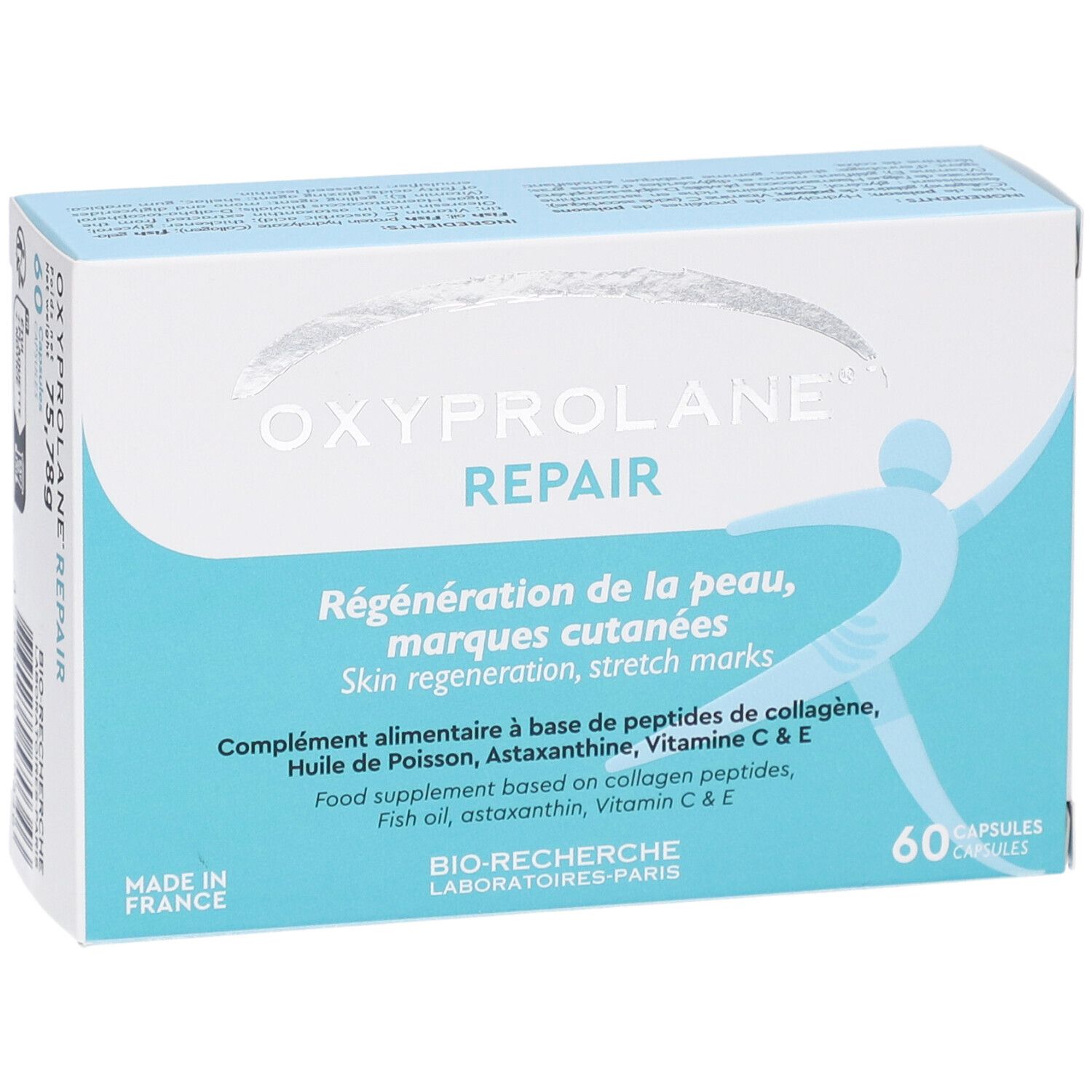 Boîte bleu clair OXYPROLANE REPAIR. Texte: Régénération de la peau, marques cutanées. Contient 60 gélules. Fabriqué en France.