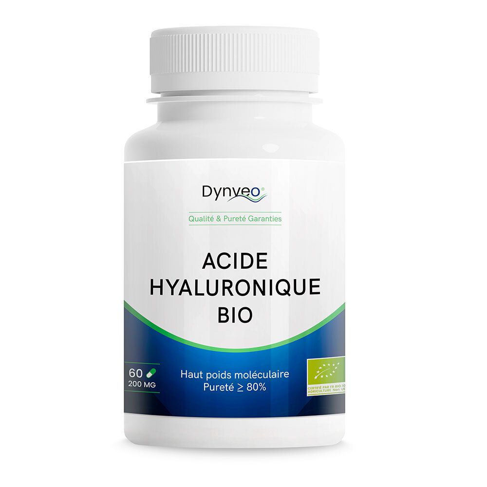 Flacon blanc avec étiquette bleue. Inscription: DYNVEO Acide Hyaluronique Bio. Label bio.