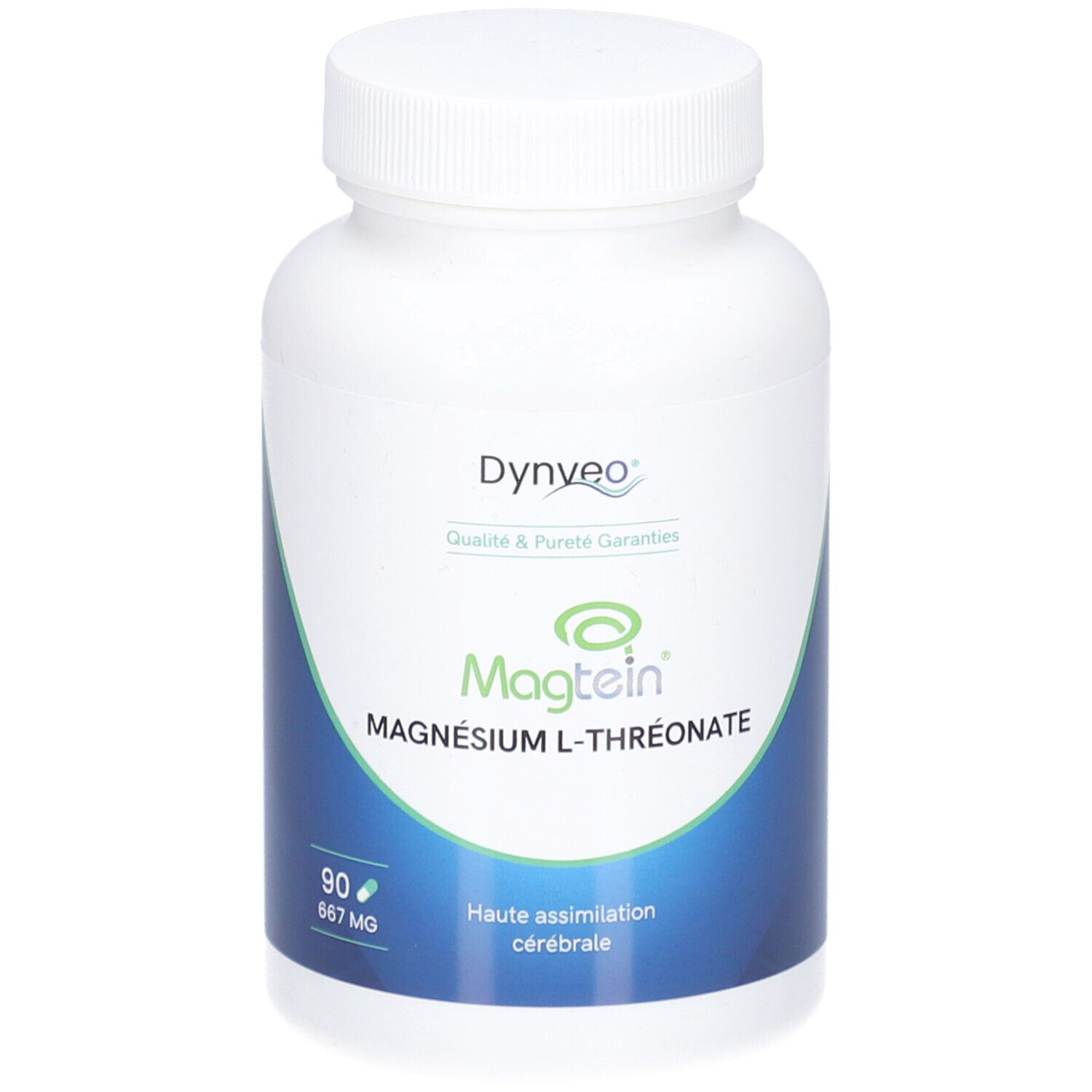Flacon blanc de gélules. Inscriptions: Dynveo, Magtein, Magnésium L-Thréonate. 90 gélules, 667 mg.