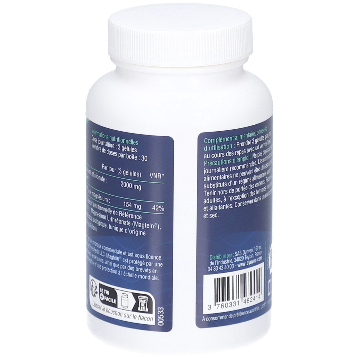 Dos du flacon blanc de gélules. Texte: informations nutritionnelles, ingrédients, QR code, 90 gélules.