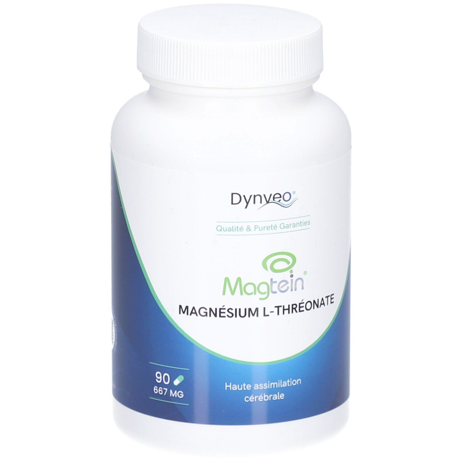 Flacon blanc de gélules. Inscriptions: Dynveo, Magtein, Magnésium L-Thréonate. 90 gélules, 667 mg.