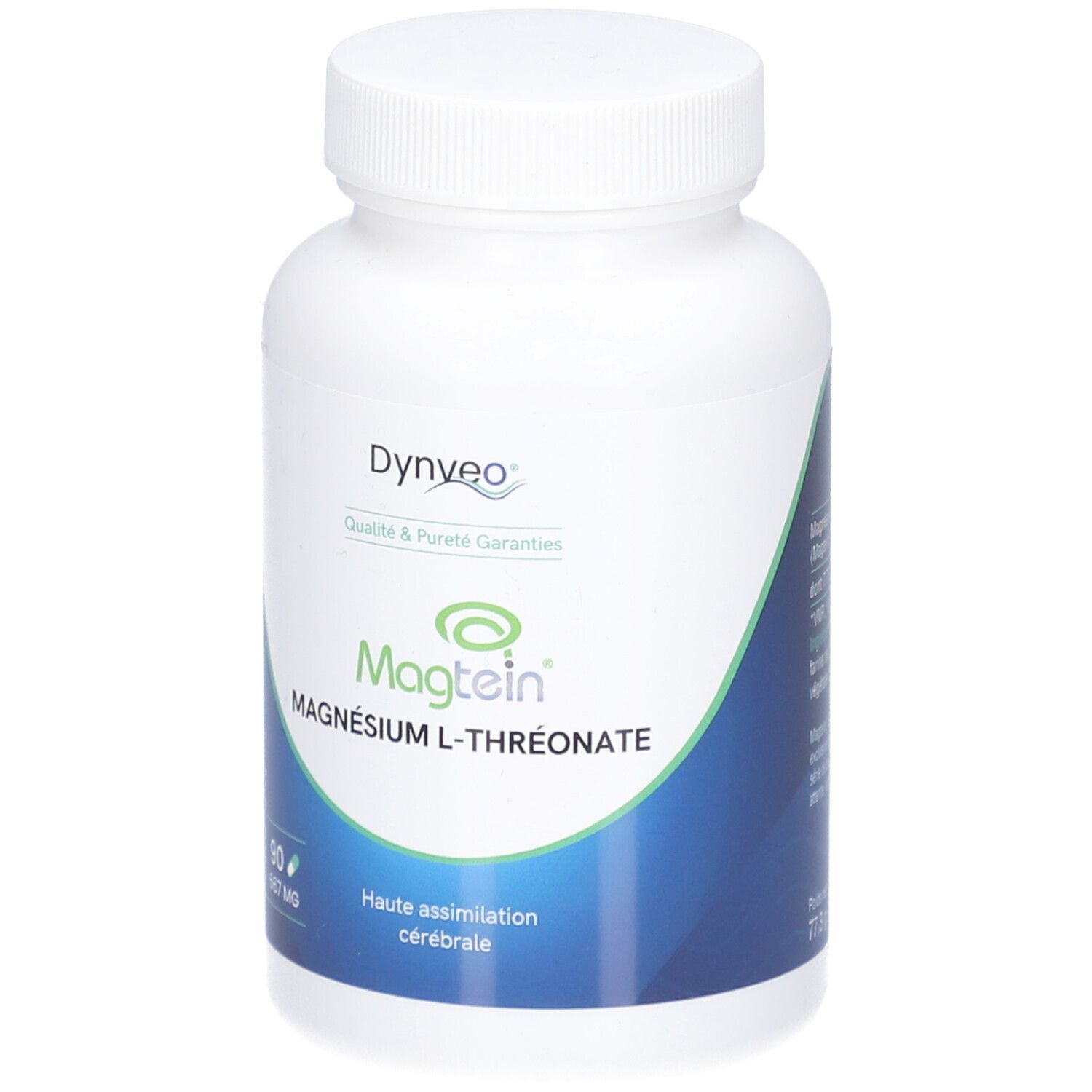 Flacon blanc de gélules. Inscriptions: Dynveo, Magtein, Magnésium L-Thréonate. 90 gélules, 667 mg.
