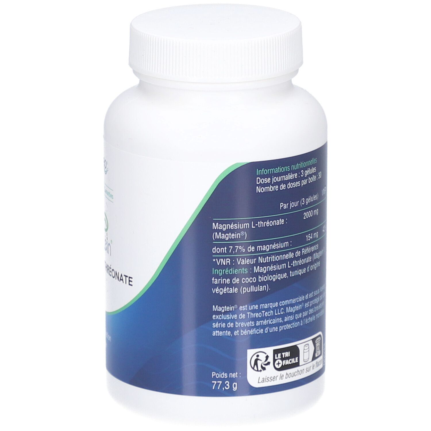 Dos du flacon blanc de gélules. Texte: ingrédients, informations nutritionnelles, poids net 77,3 g.