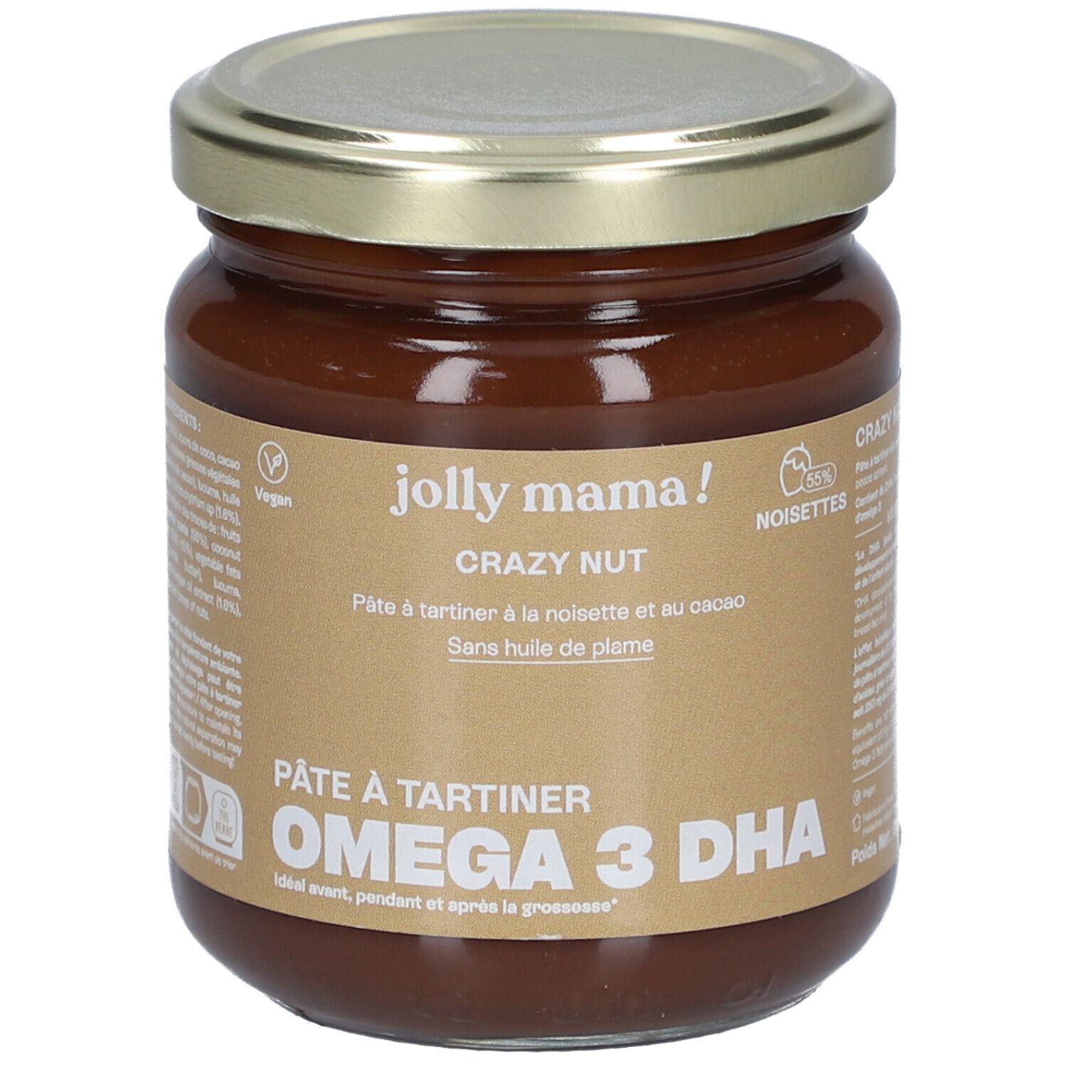 Pot de JOLLY MAMA Crazy Nut. Inscription: Pâte à tartiner, Omega 3 DHA. Label Vegan. Couvercle métallique.