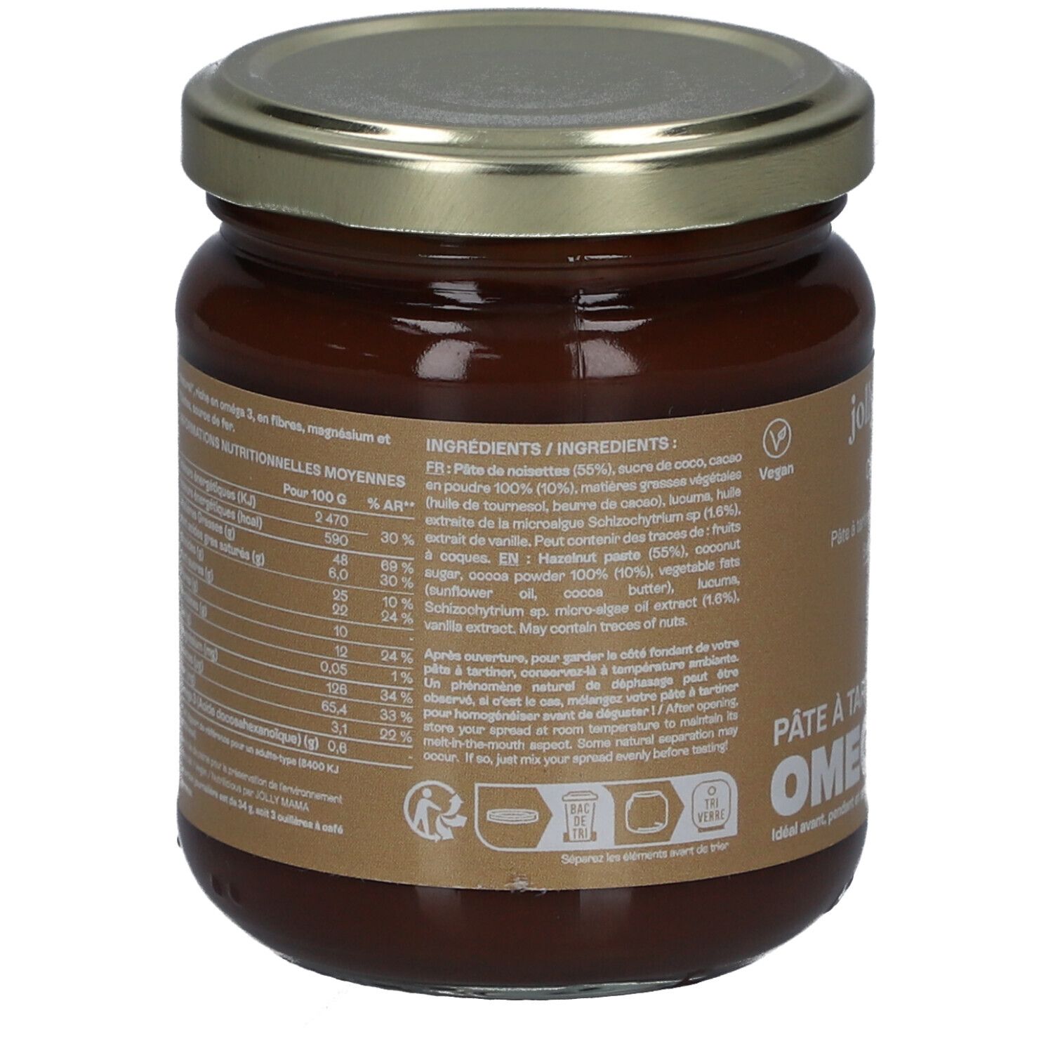 Dos du pot de JOLLY MAMA Crazy Nut. Liste des ingrédients, informations nutritionnelles. Label Vegan. Couvercle métal.