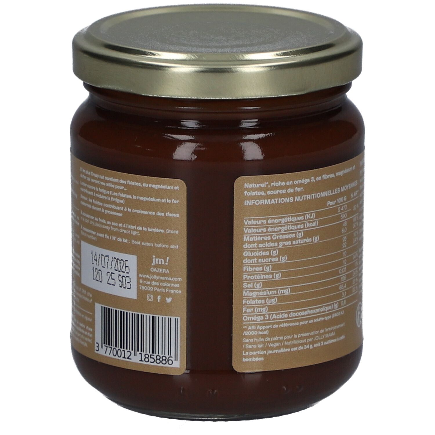 Dos du pot de JOLLY MAMA Crazy Nut. Informations nutritionnelles, date limite. Code-barres. Couvercle métal.