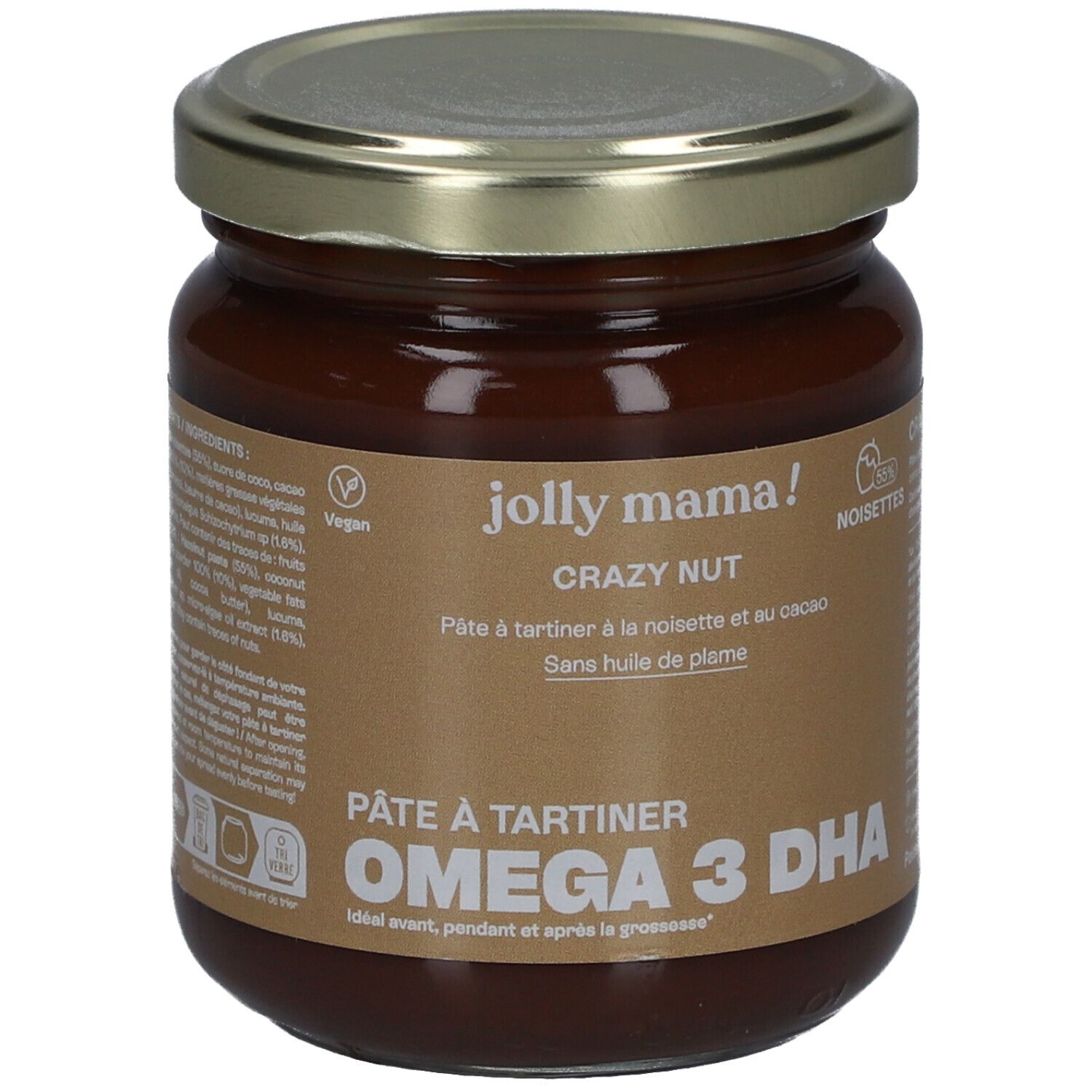 Pot de JOLLY MAMA Crazy Nut. Inscription: Pâte à tartiner, Omega 3 DHA. Label Vegan. Couvercle métallique.