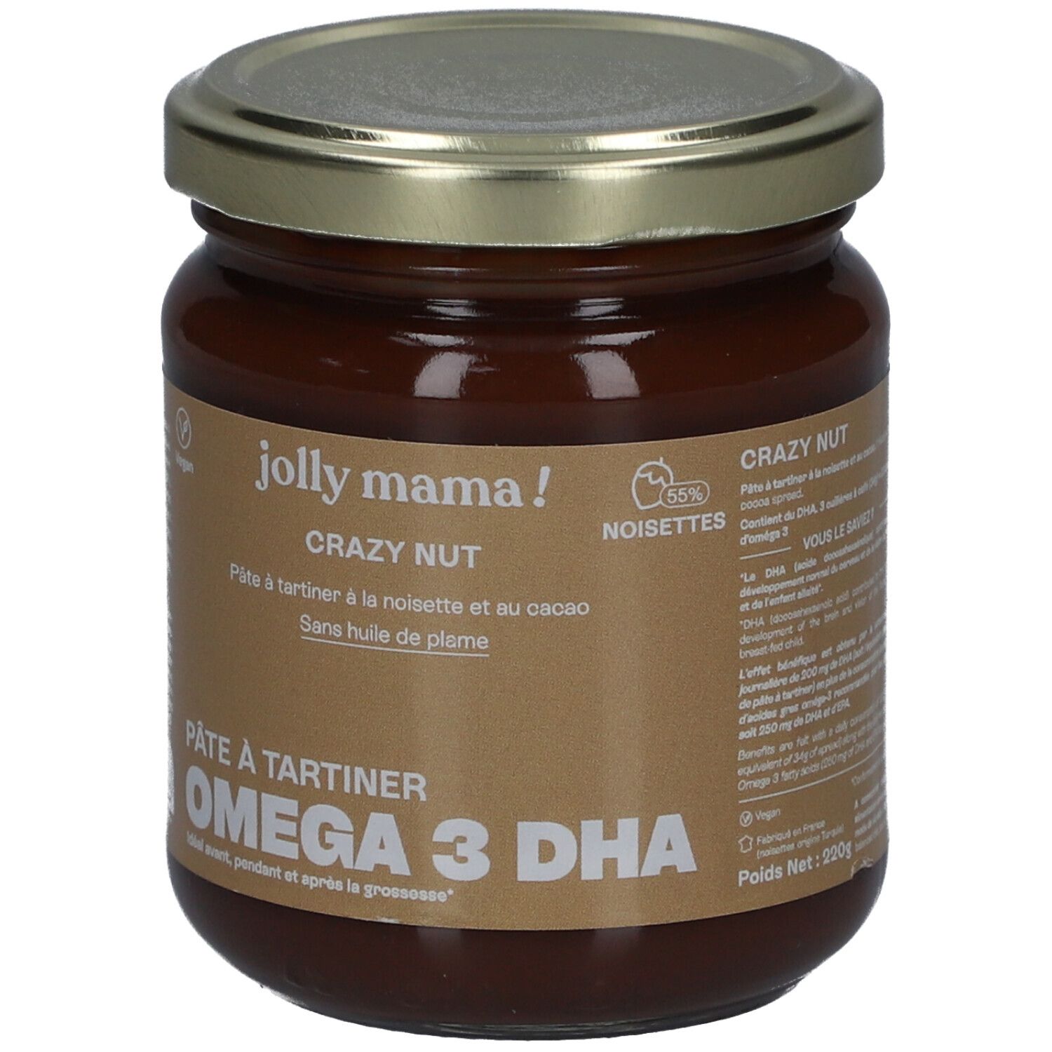 Pot de JOLLY MAMA Crazy Nut. Inscription: Pâte à tartiner, Omega 3 DHA. Label Vegan. Couvercle métal. 55% noisettes.