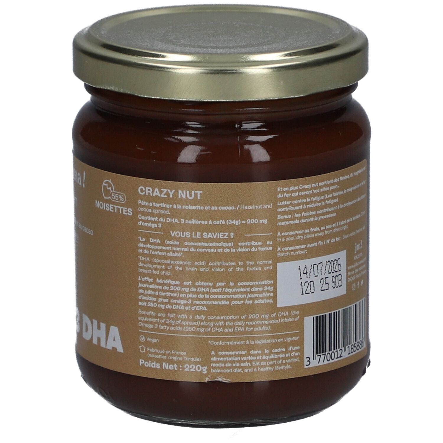 Pot de JOLLY MAMA Crazy Nut. Inscription: Pâte à tartiner, Omega 3 DHA. Label Vegan. Couvercle métal. 220g. 55% noisettes.