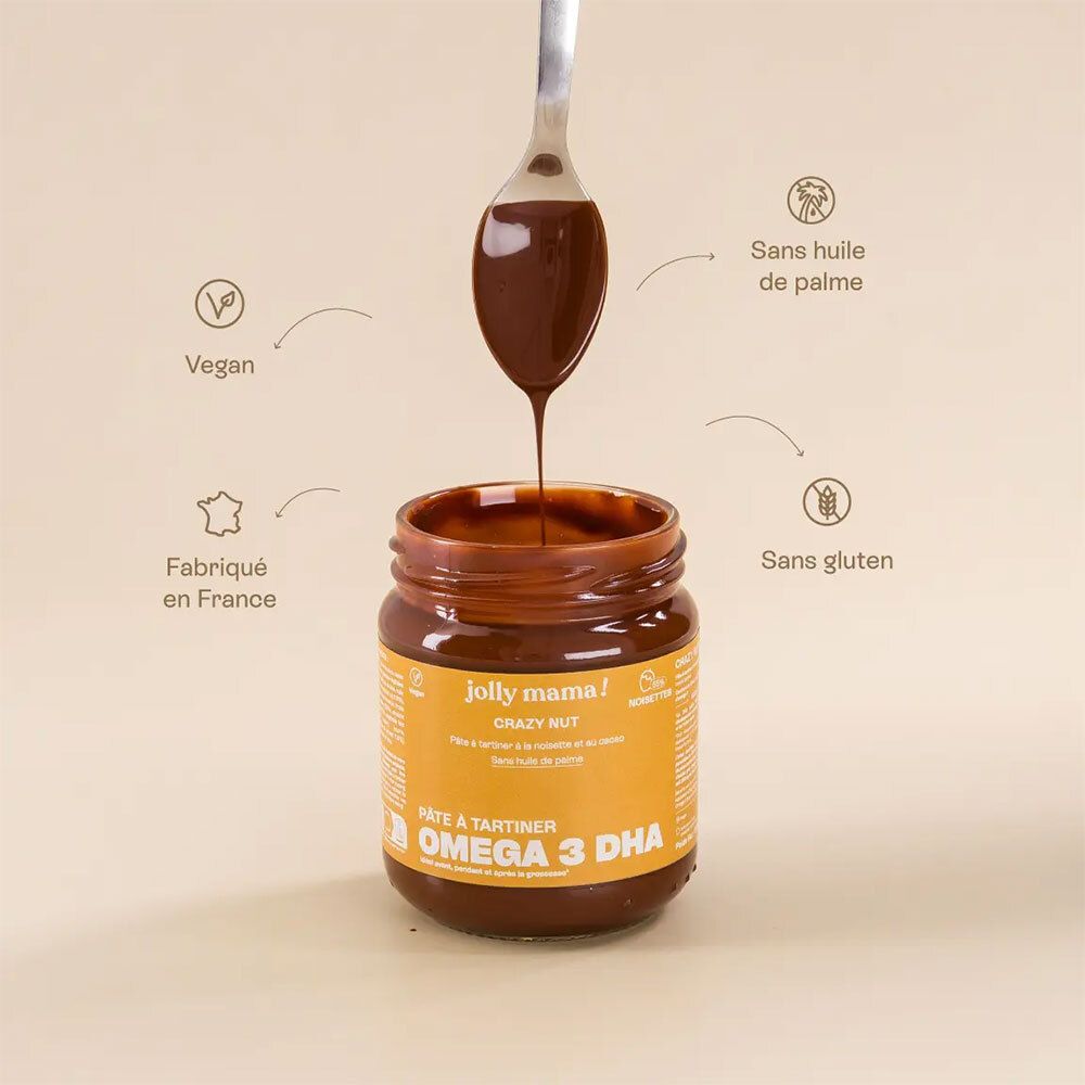 Pot de crème, cuillère. Texte: Vegan, fabriqué en France, sans huile de palme, sans gluten.