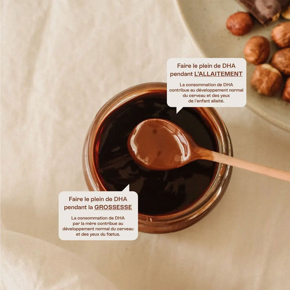 Pot de crème, cuillère. Texte: DHA pendant l'allaitement et la grossesse.