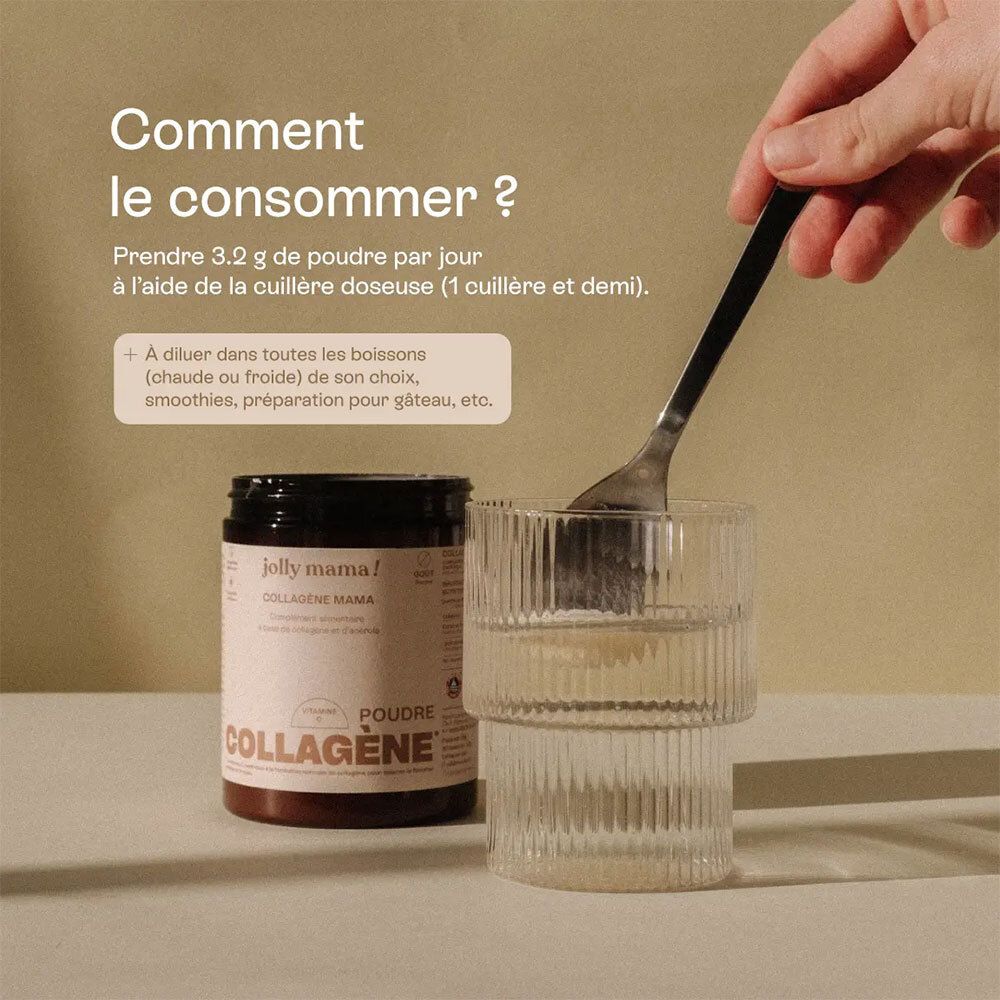 Verre avec liquide et cuillère. À côté, pot JOLLY MAMA Collagène Mama. Texte: Comment consommer ? 3,2 g de poudre par jour.
