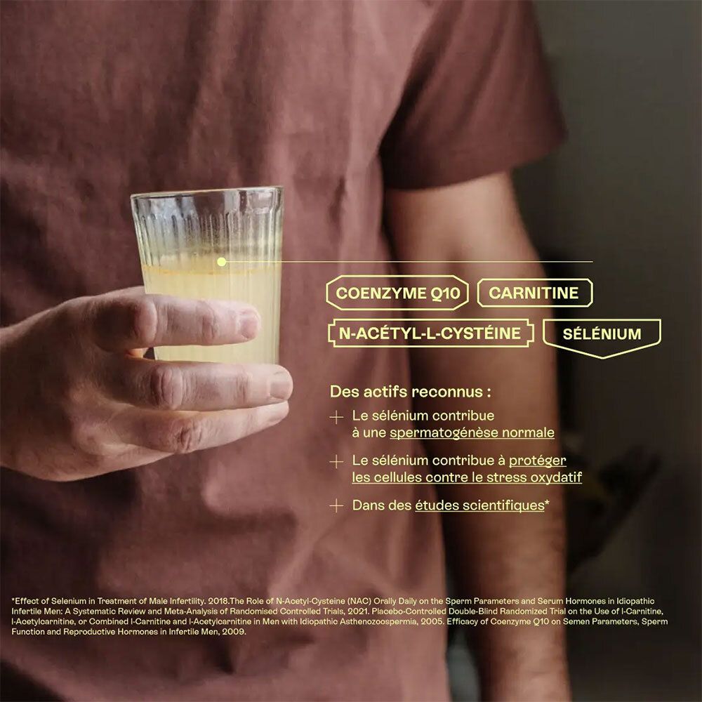 Verre contenant un liquide jaune. Texte avec ingrédients: Coenzyme Q10, Carnitine, N-Acétyl-L-Cystéine, Sélénium.